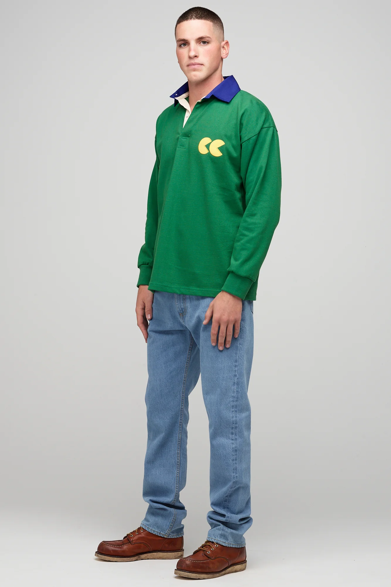 Contrast Collar Rugby Shirt - Green/Blue - Image 3