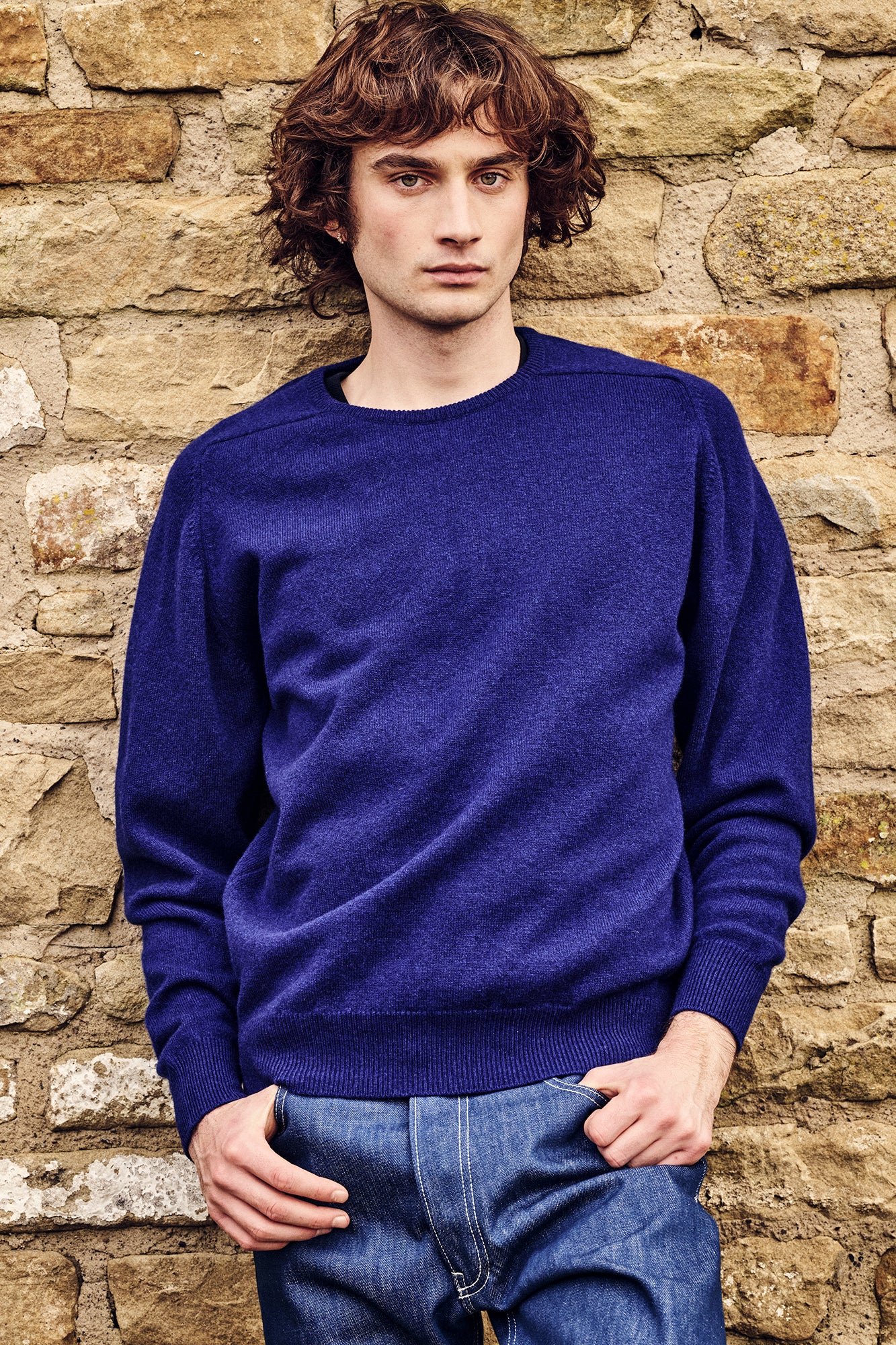 Men's Lambswool Saddle Shoulder Crew Neck - Dark Cobalt