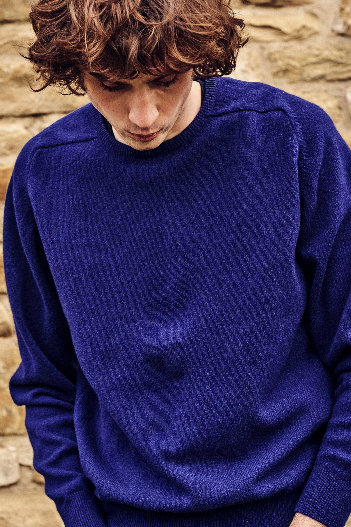 Men's Lambswool Saddle Shoulder Crew Neck - Dark Cobalt - Image 2