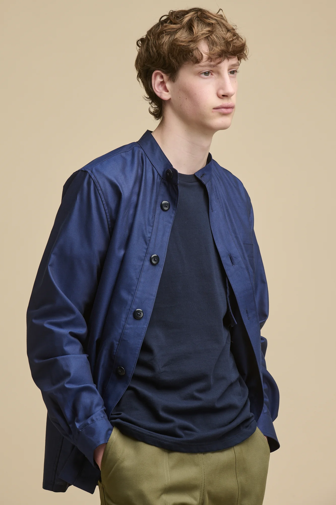 Men's George Lightweight Collarless Overshirt - Navy - Image 3