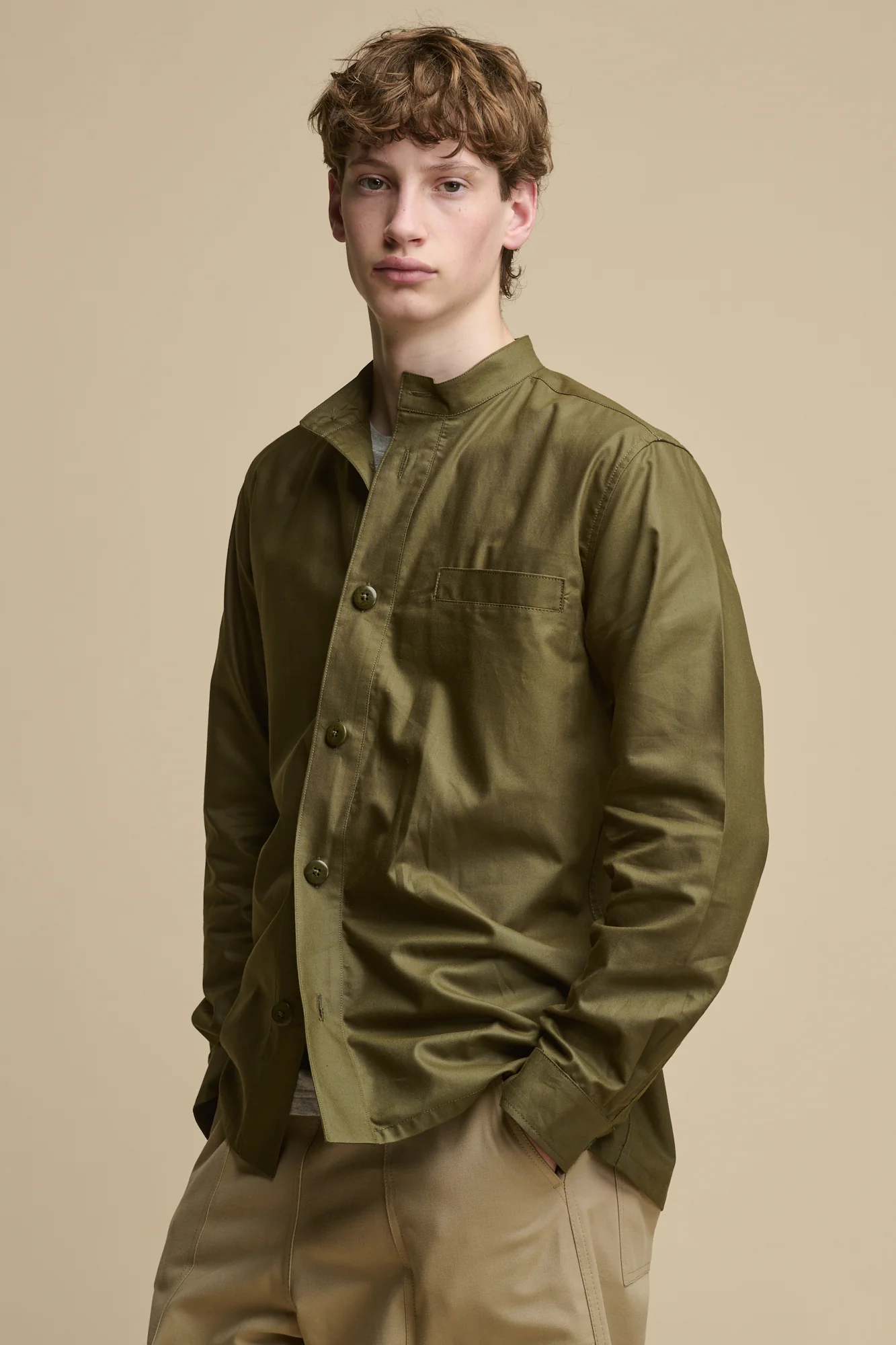Men's George Lightweight Collarless Overshirt - Olive - Image 5