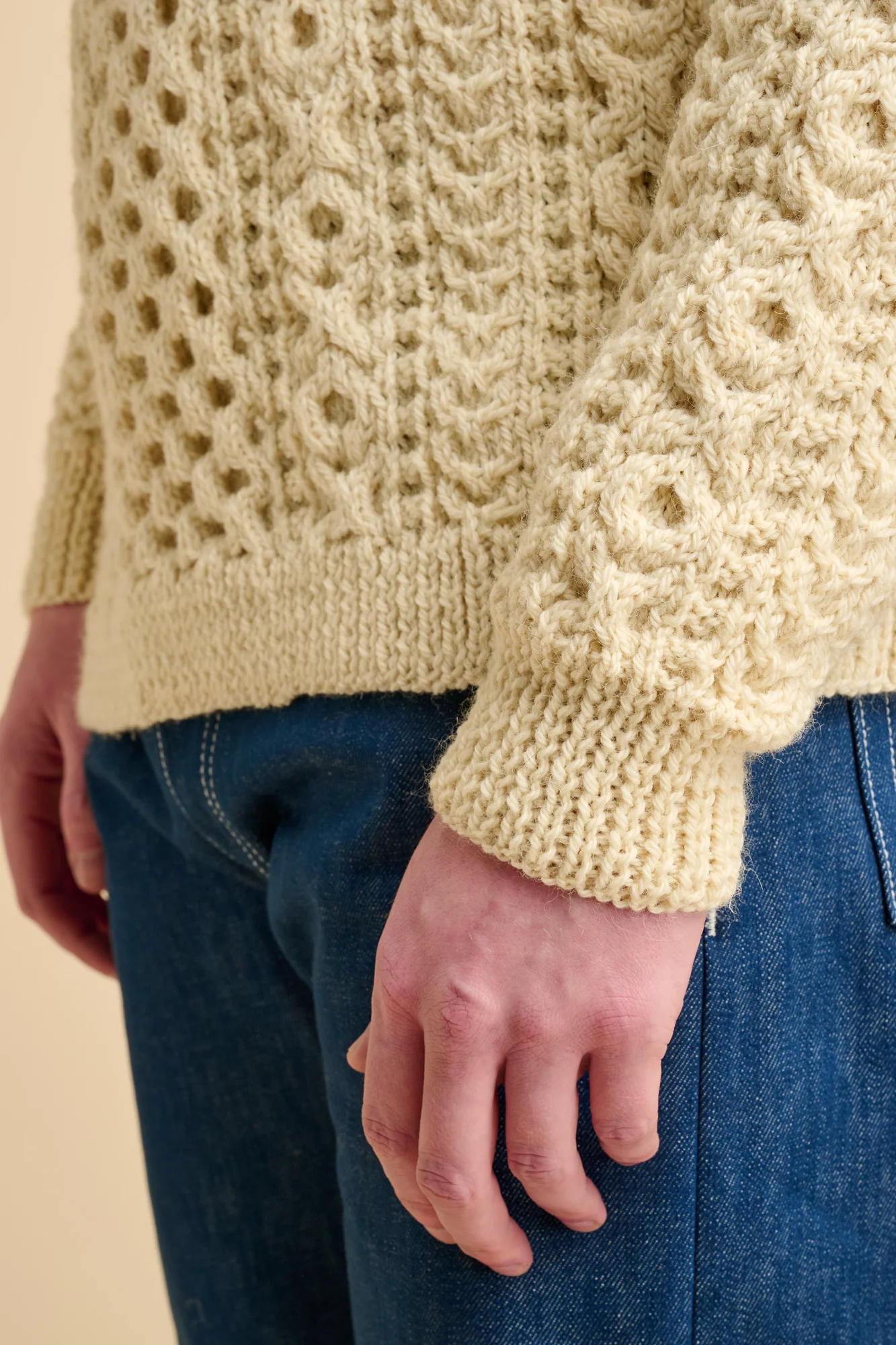 Mens Hand Knit Aran Sweater - Ecru - Image 2