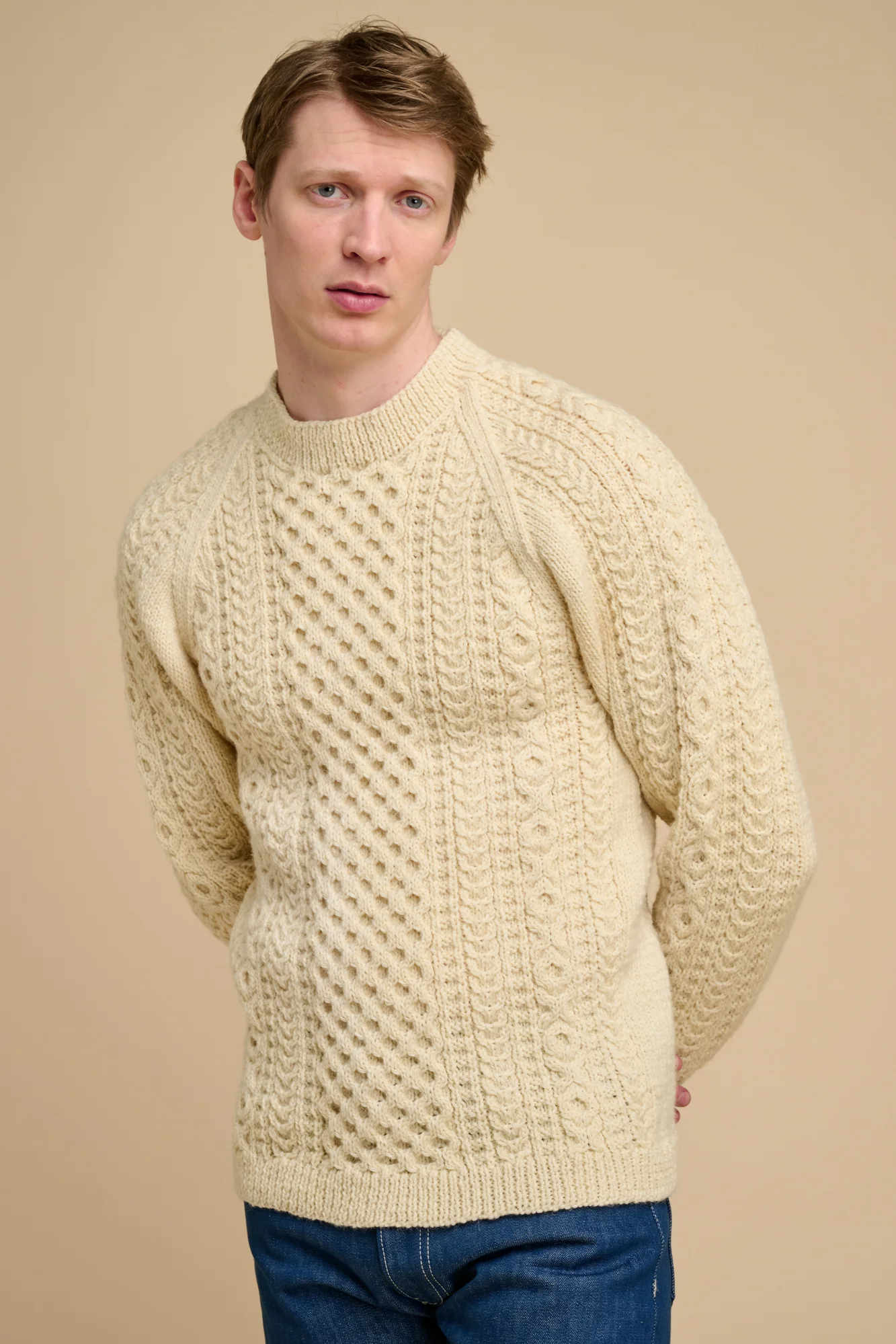 Mens Hand Knit Aran Sweater - Ecru - Image 3