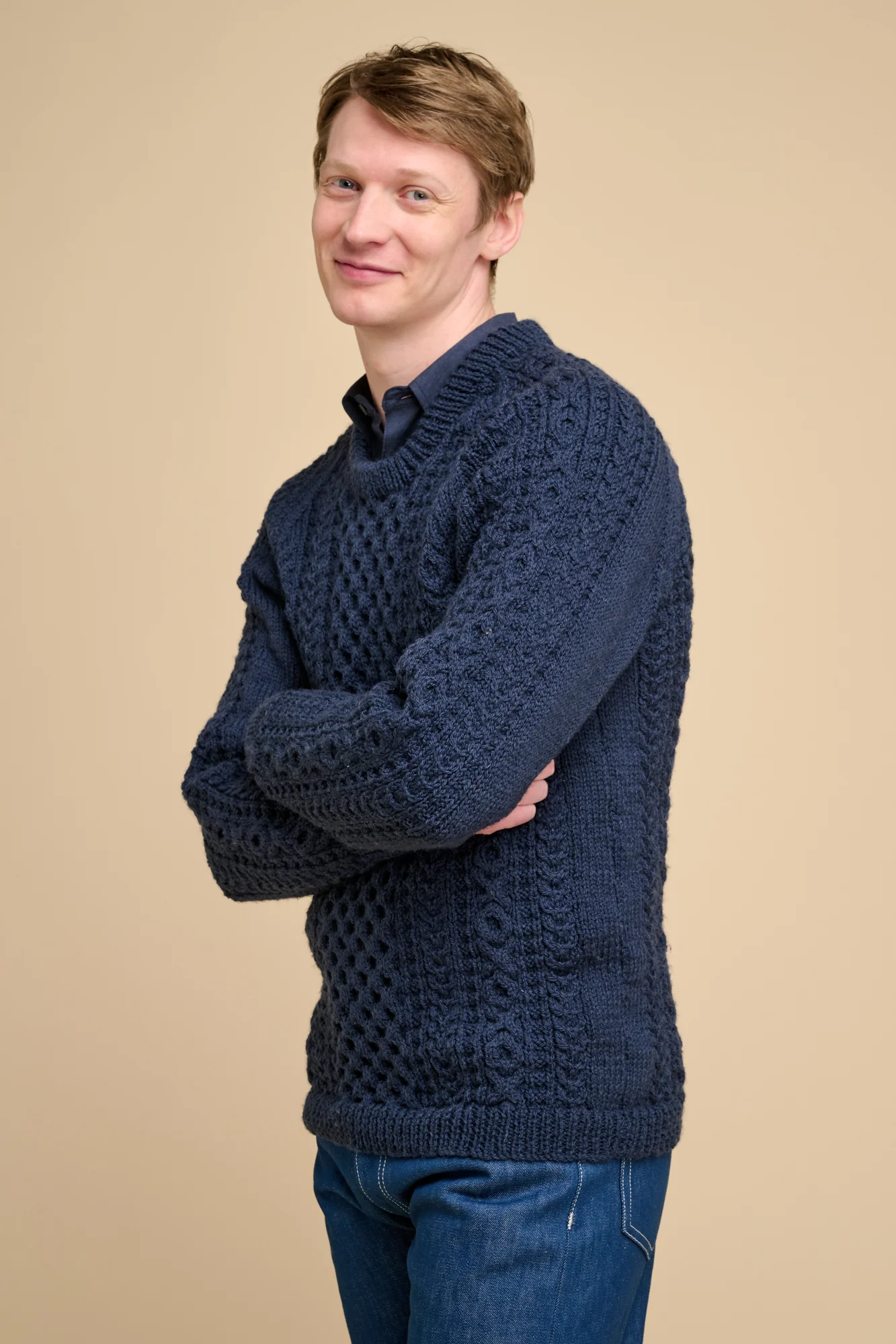 Mens Hand Knit Aran Sweater - Navy