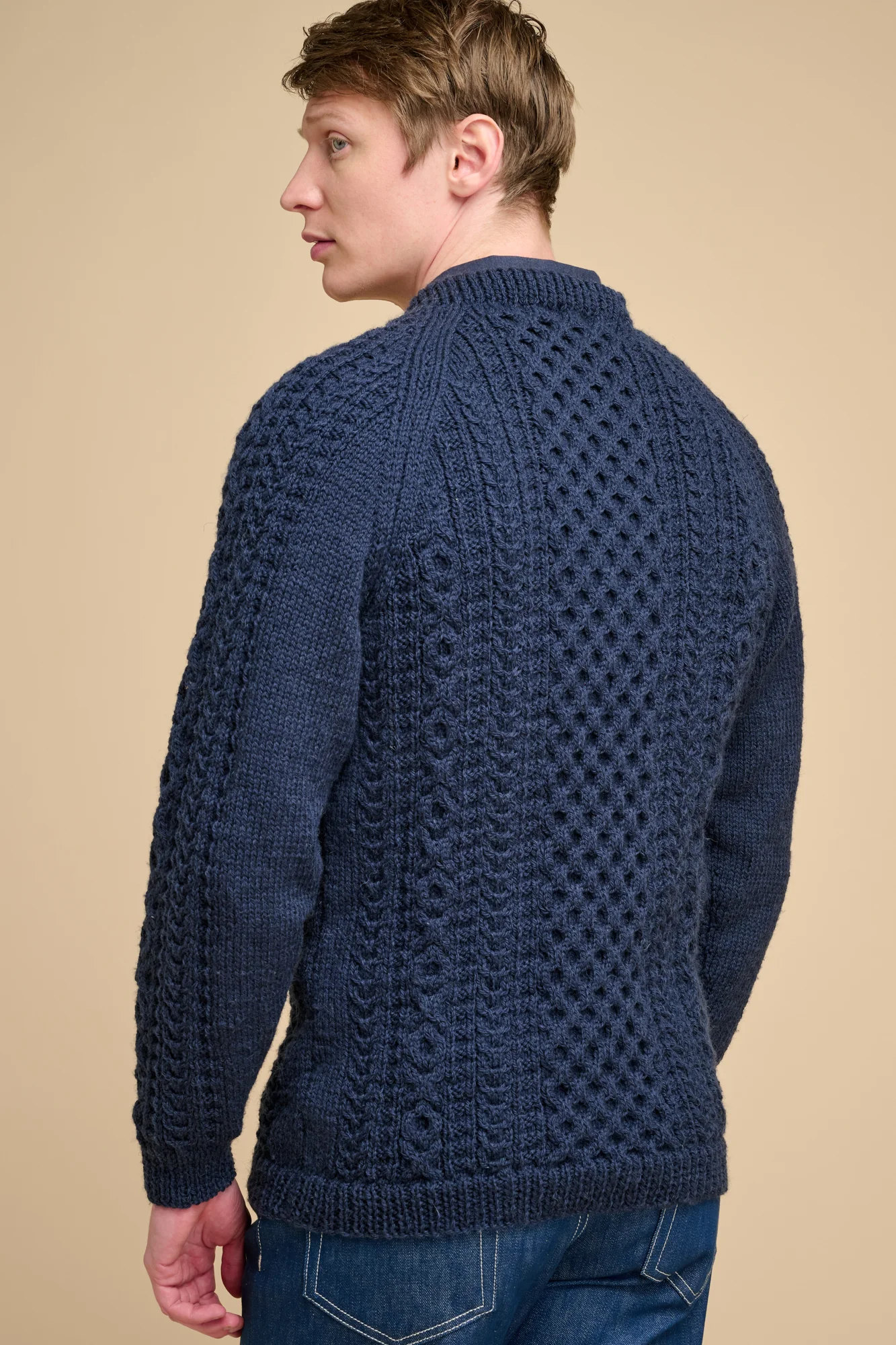 Mens Hand Knit Aran Sweater - Navy - Image 2
