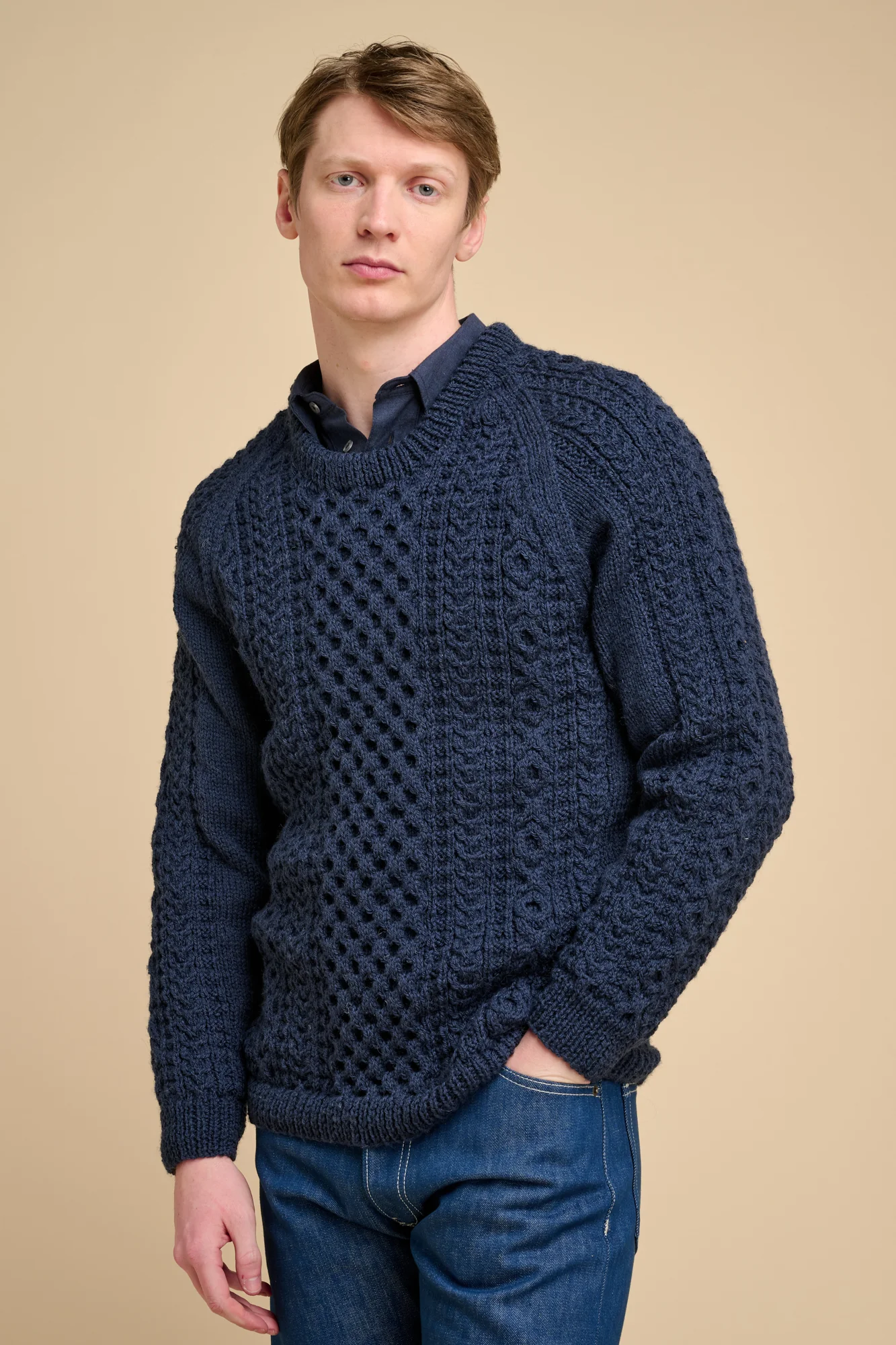 Mens Hand Knit Aran Sweater - Navy - Image 3