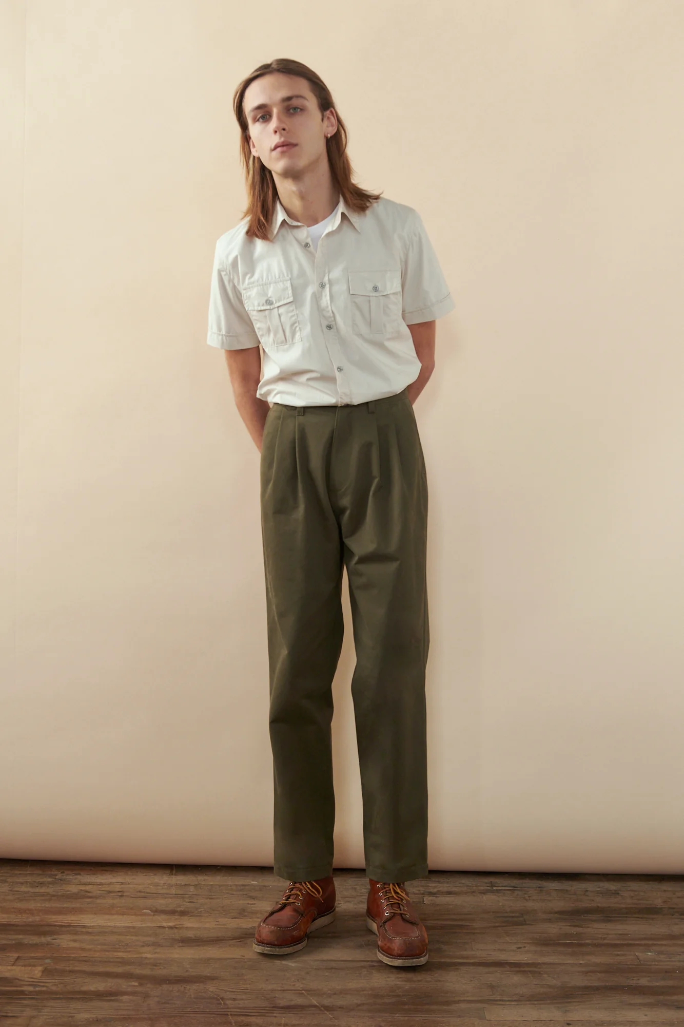 Men's Pleated Heavyweight 100% Cotton Twill Chinos - Olive - Image 3
