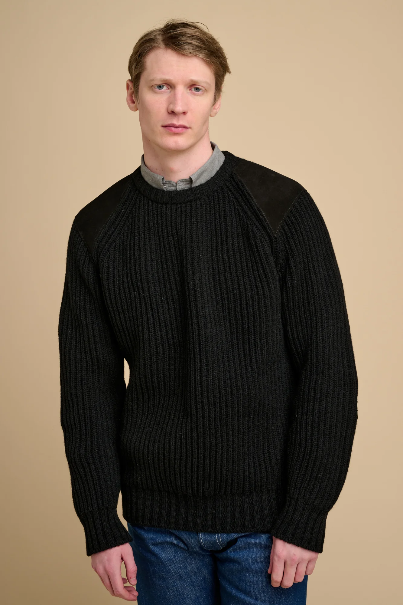 Men's Lambswool Fisherman Ribbed Jumper- Black - Image 6