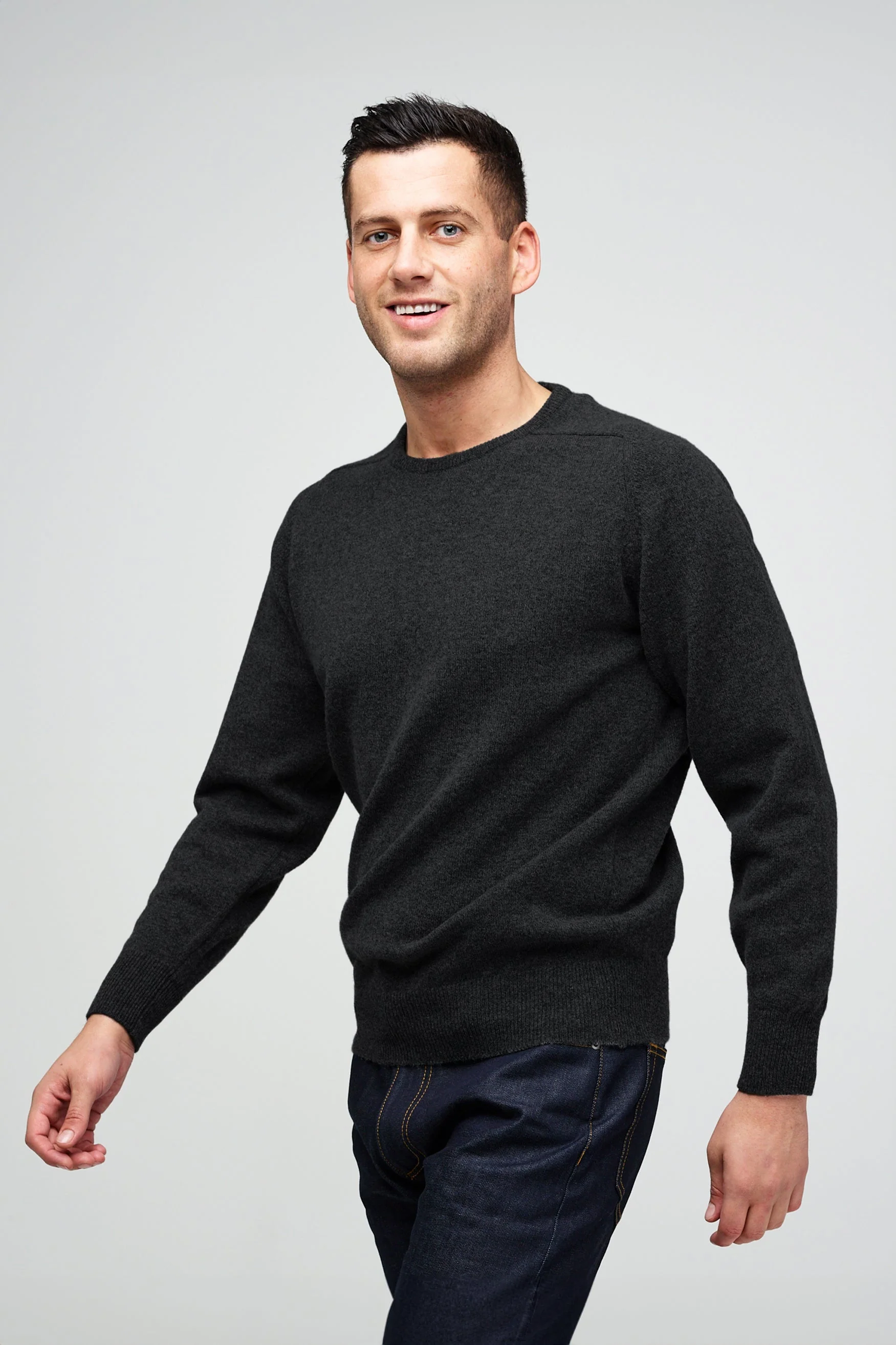 Men's Lambswool Saddle Shoulder Crew Neck - Charcoal - Image 3