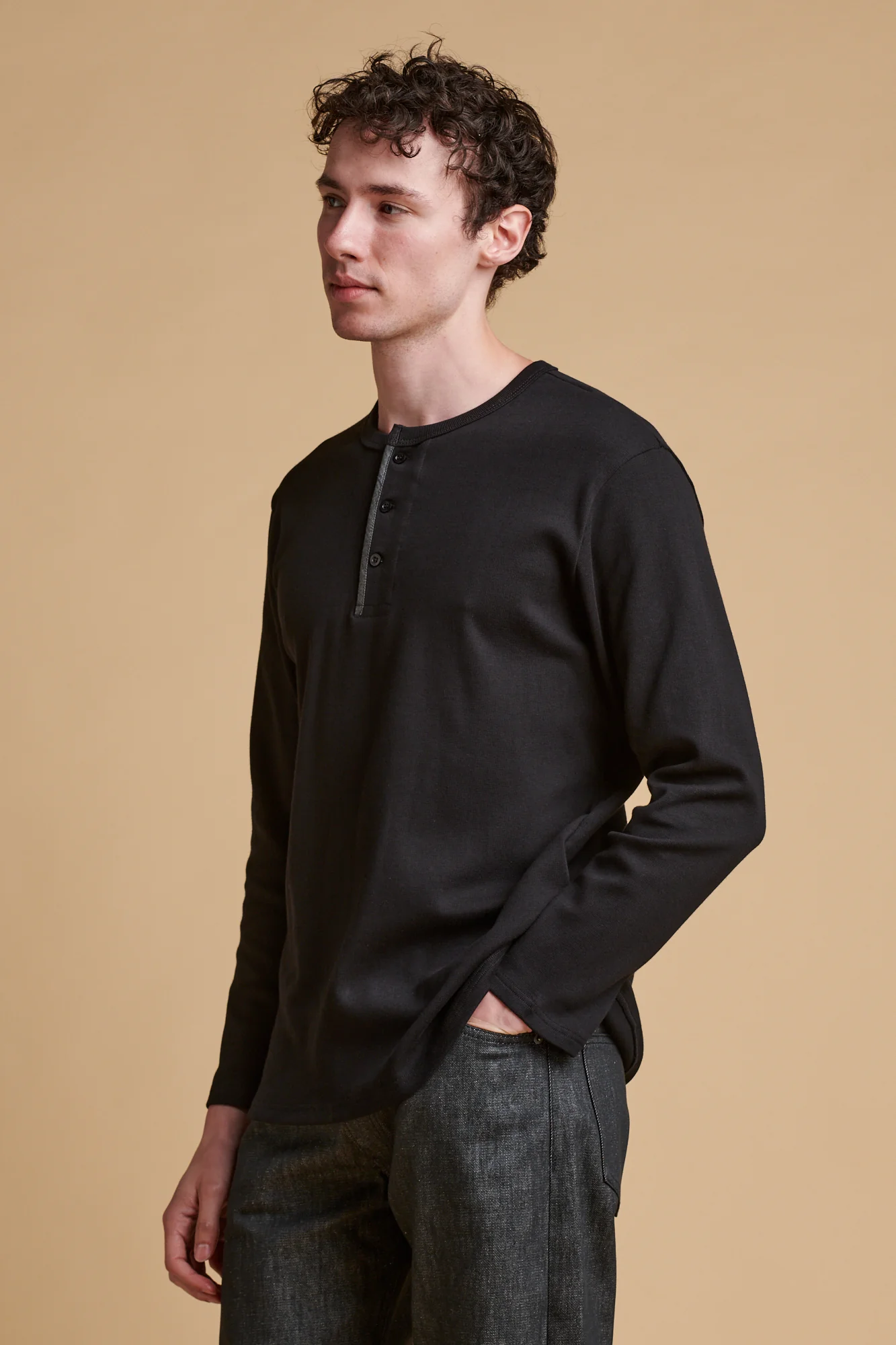 Men's Long Sleeve Henley Top - Black