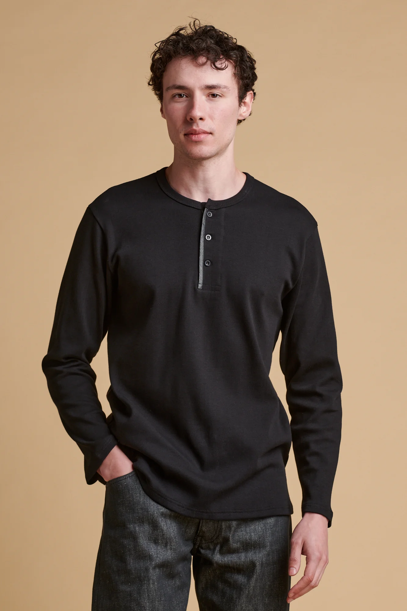 Men's Long Sleeve Henley Top - Black - Image 2