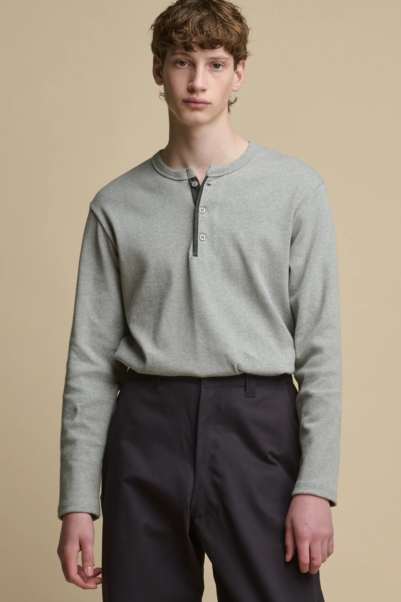 Men's Long Sleeve Henley Top - Grey Marl - Image 4