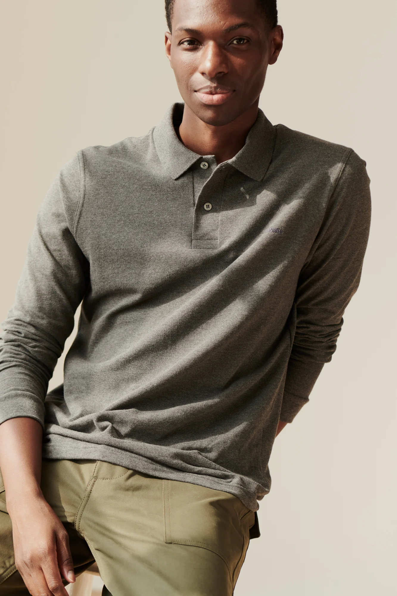Long Sleeve Polo Shirt - Grey Marl - Image 3
