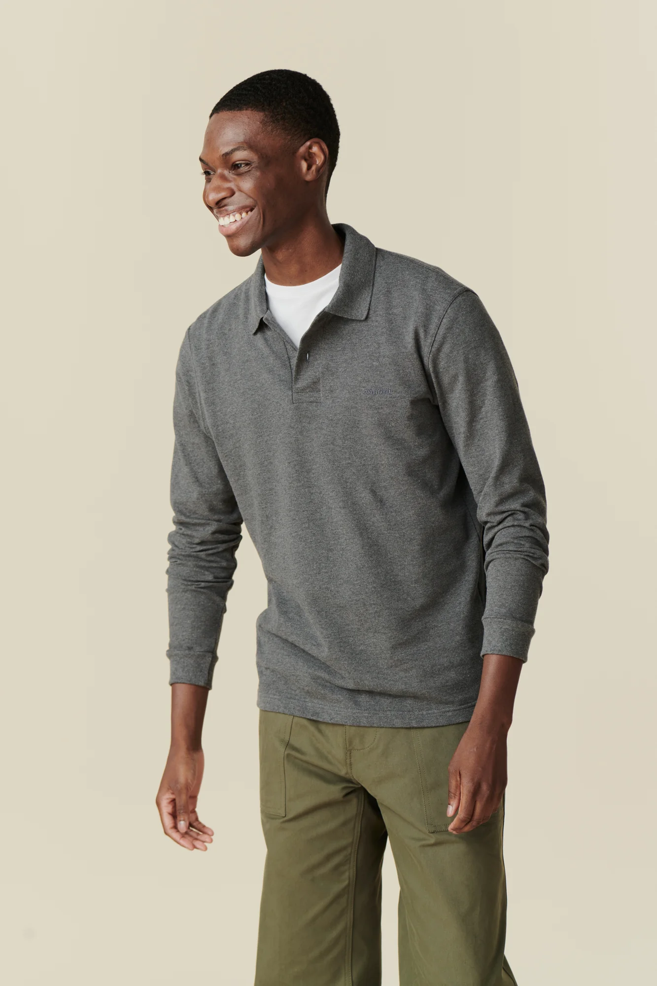 Long Sleeve Polo Shirt - Grey Marl - Image 4