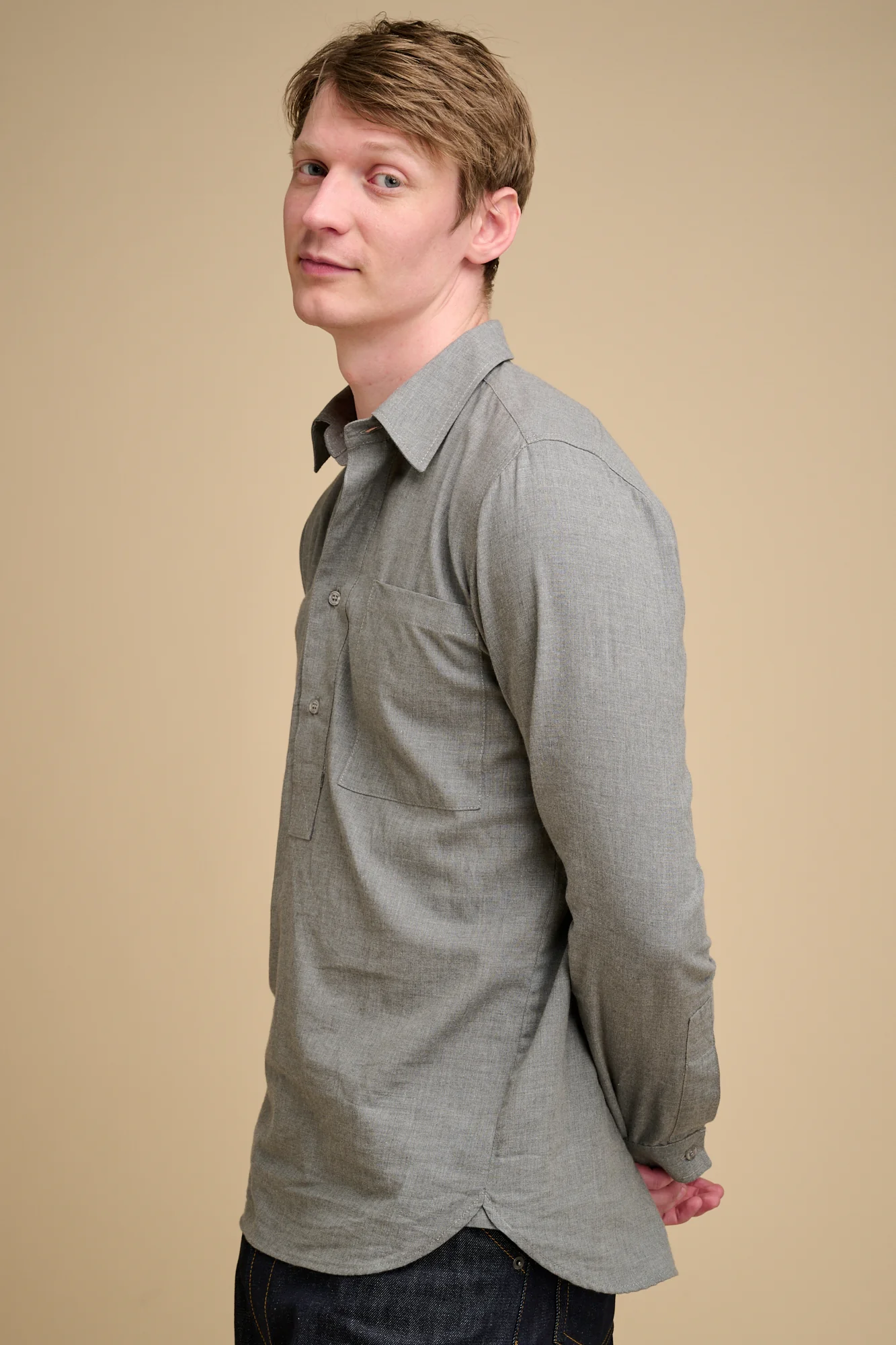 Mens Oli Half Placket Brushed Ctn Shirt - Grey - Image 3