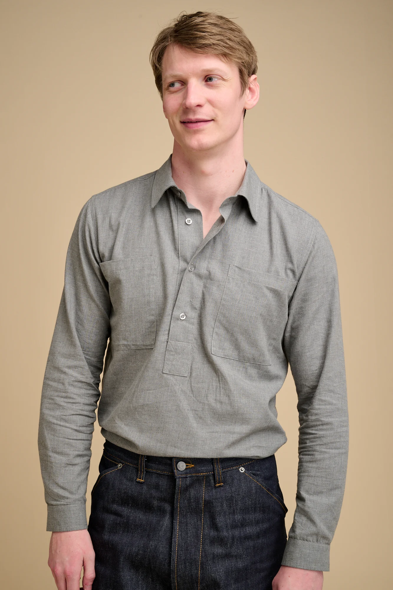 Mens Oli Half Placket Brushed Ctn Shirt - Grey - Image 5