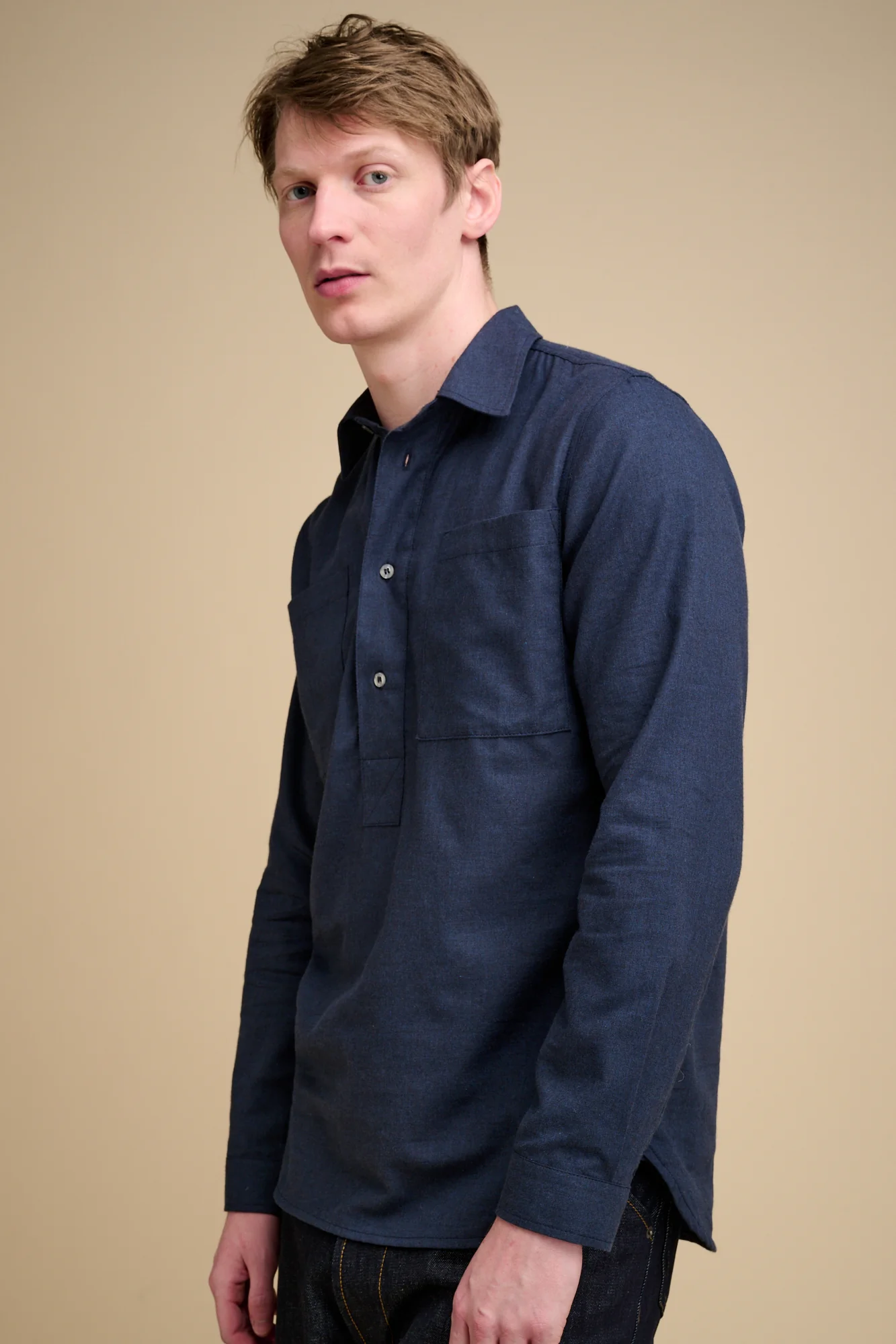 Mens Oli Half Placket Brushed Ctn Shirt - Navy - Image 3