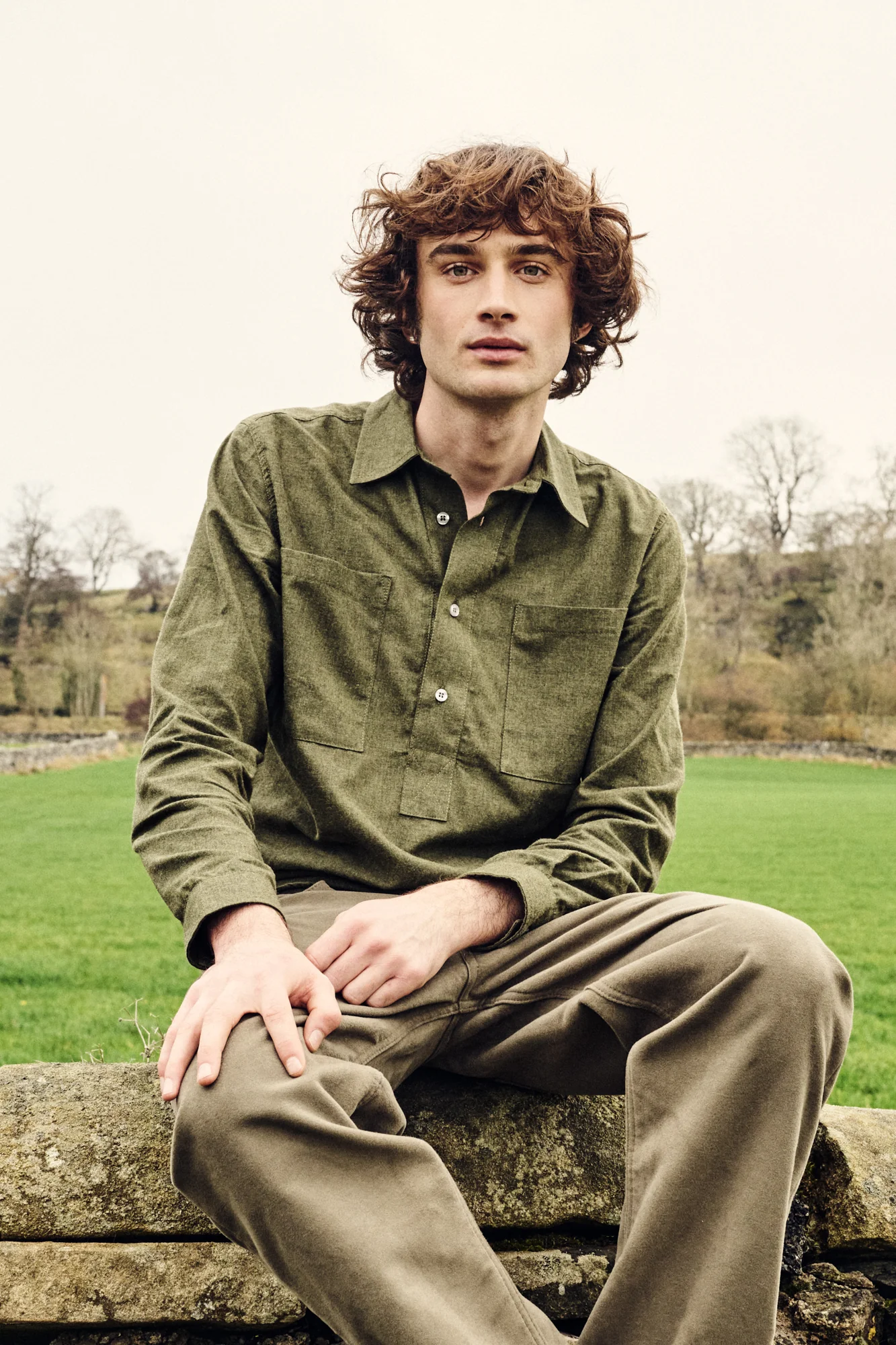Mens Oli Half Placket Brushed Ctn Shirt - Olive