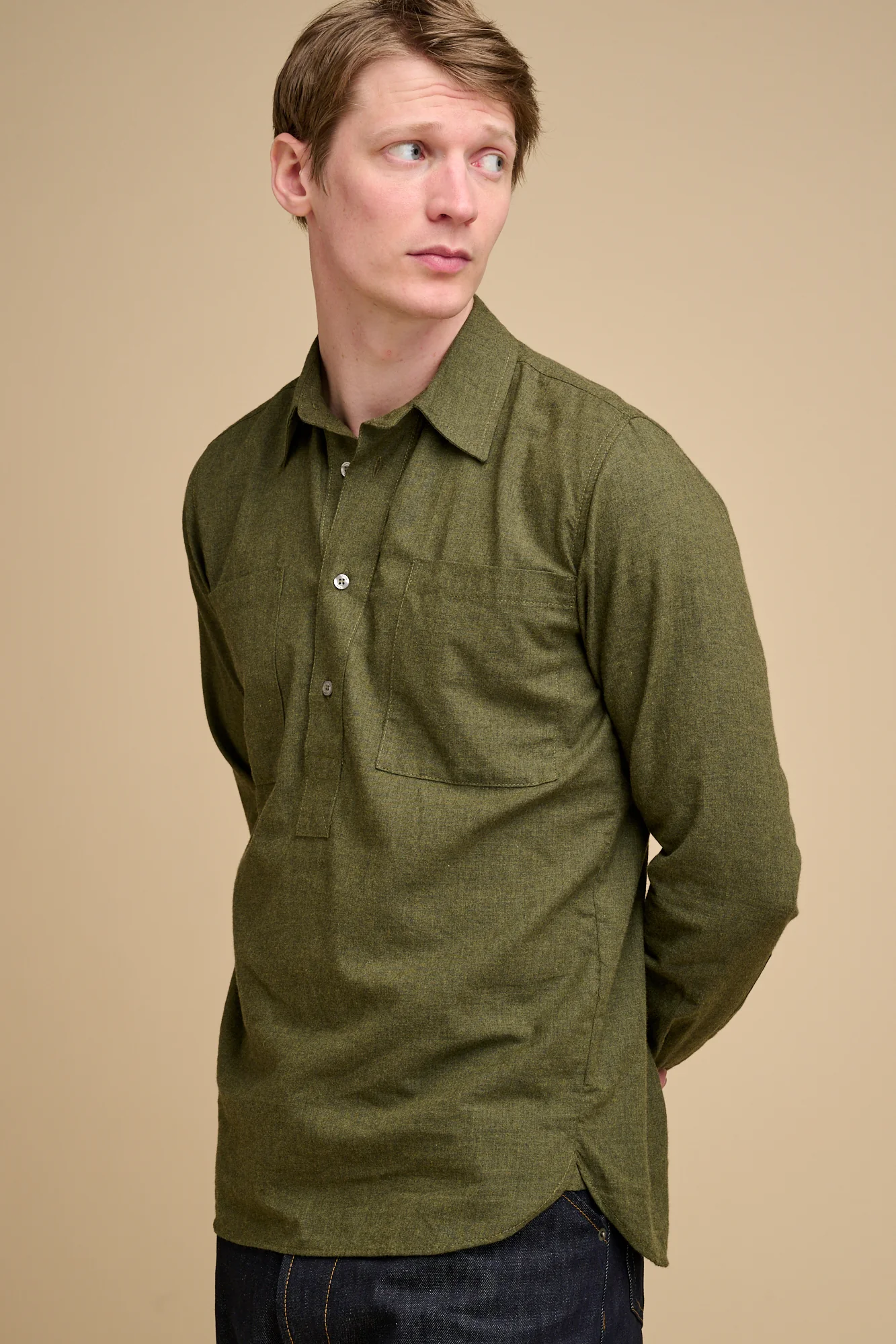 Mens Oli Half Placket Brushed Ctn Shirt - Olive - Image 2