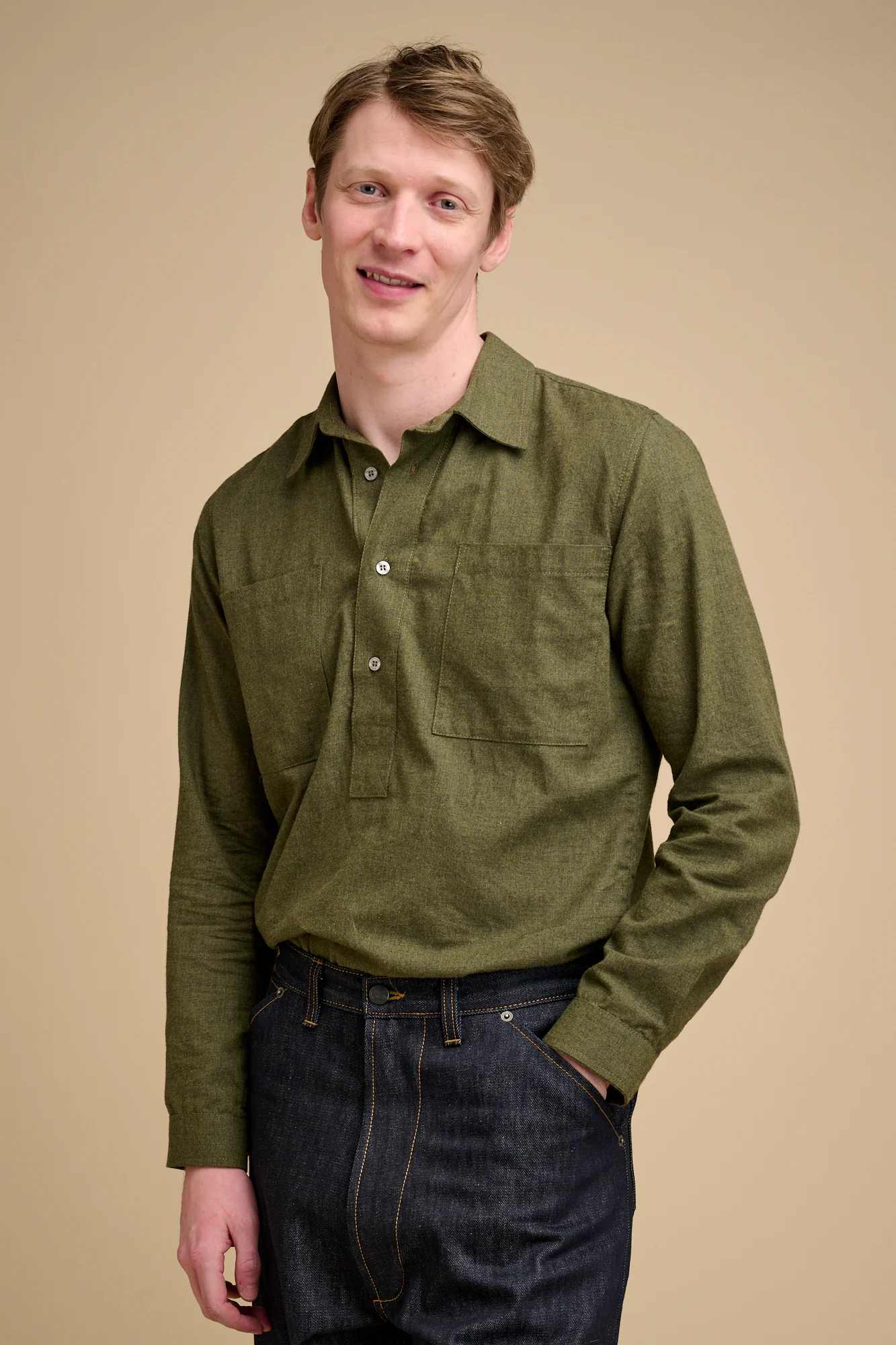 Mens Oli Half Placket Brushed Ctn Shirt - Olive - Image 5