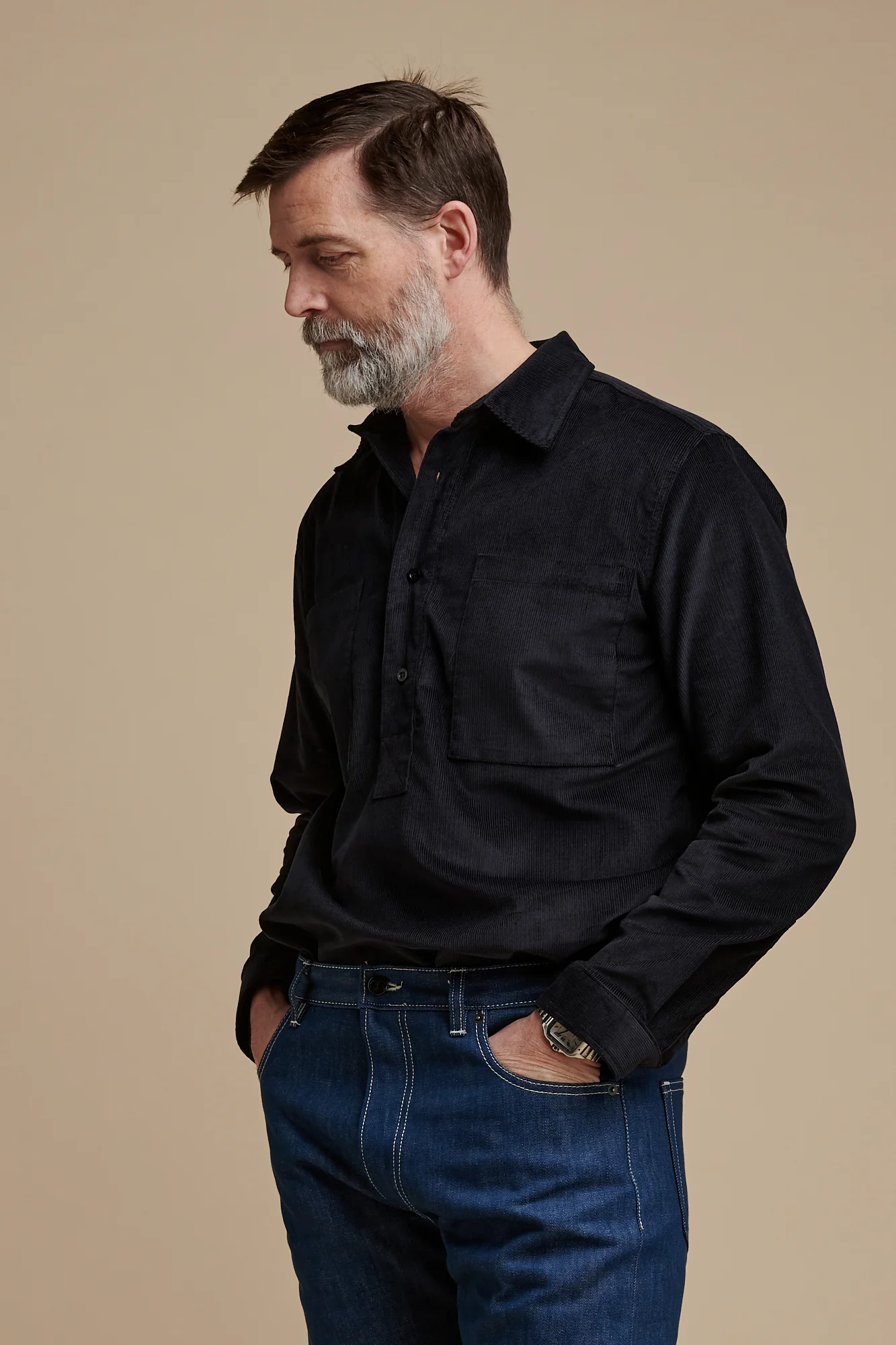 Men's Oli Half Placket Needle Cord Shirt - Navy - Image 4
