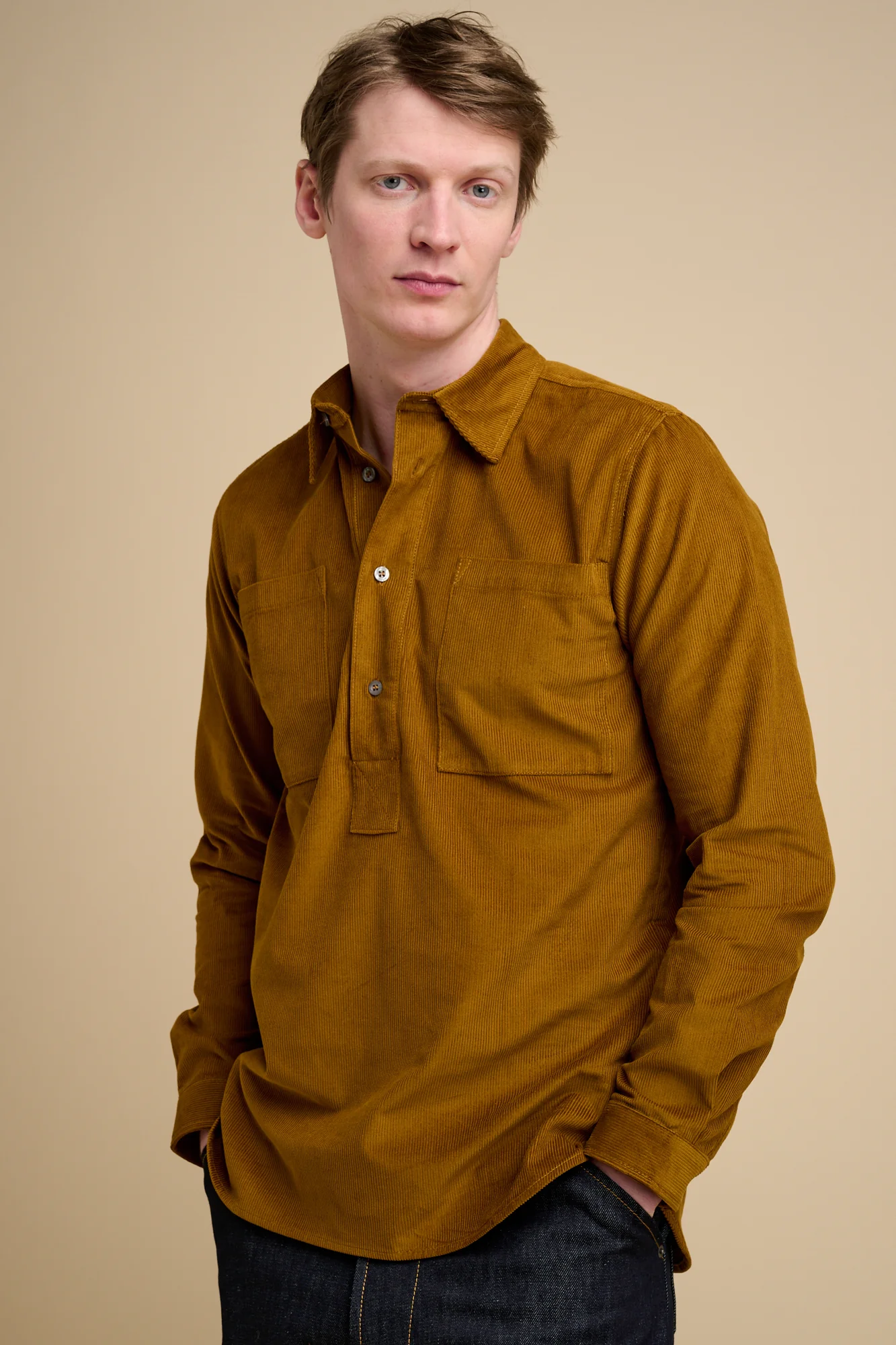 Mens Oli Half Placket Needle Cord Shirt- Mustard