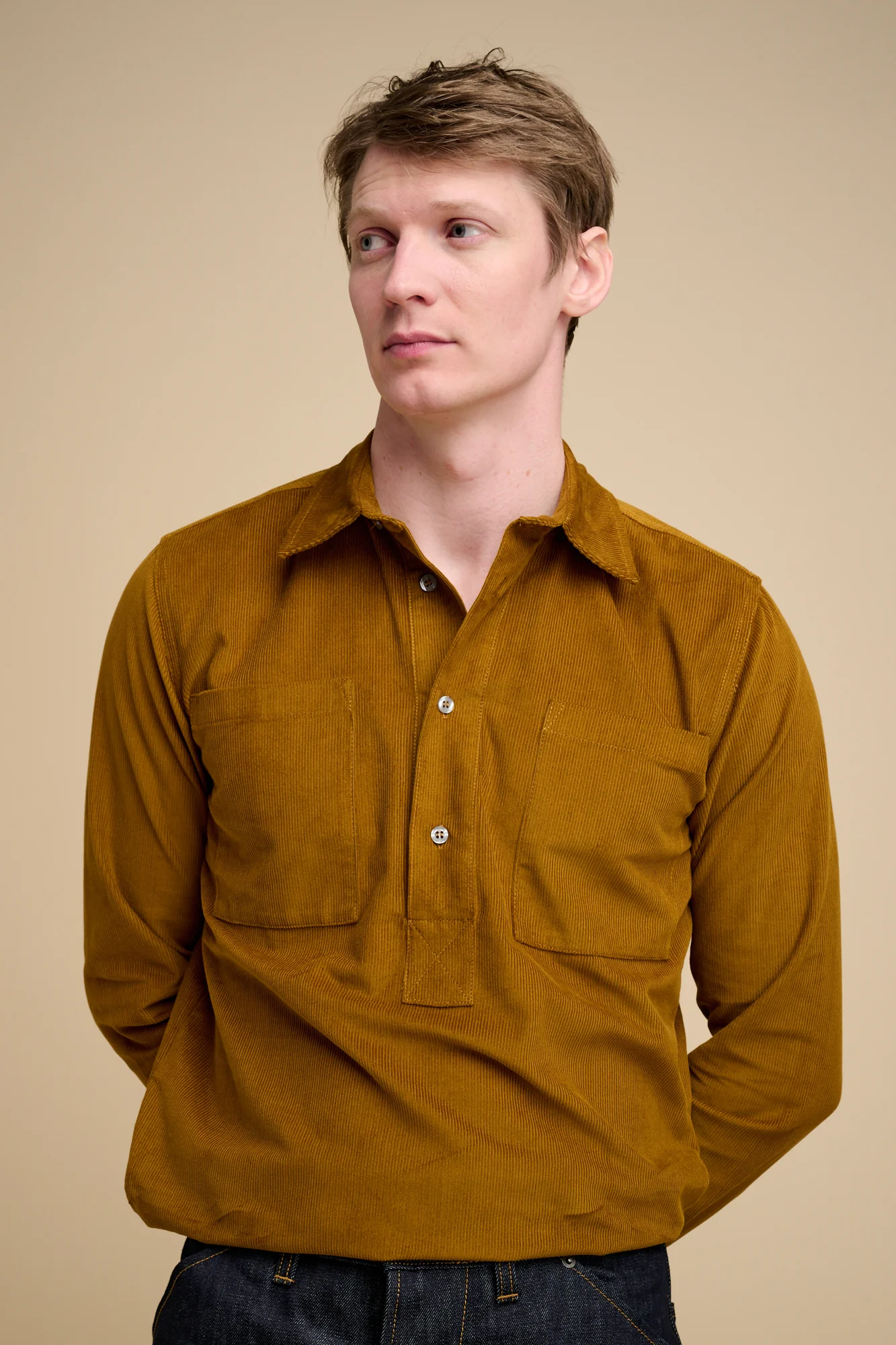 Mens Oli Half Placket Needle Cord Shirt- Mustard - Image 3