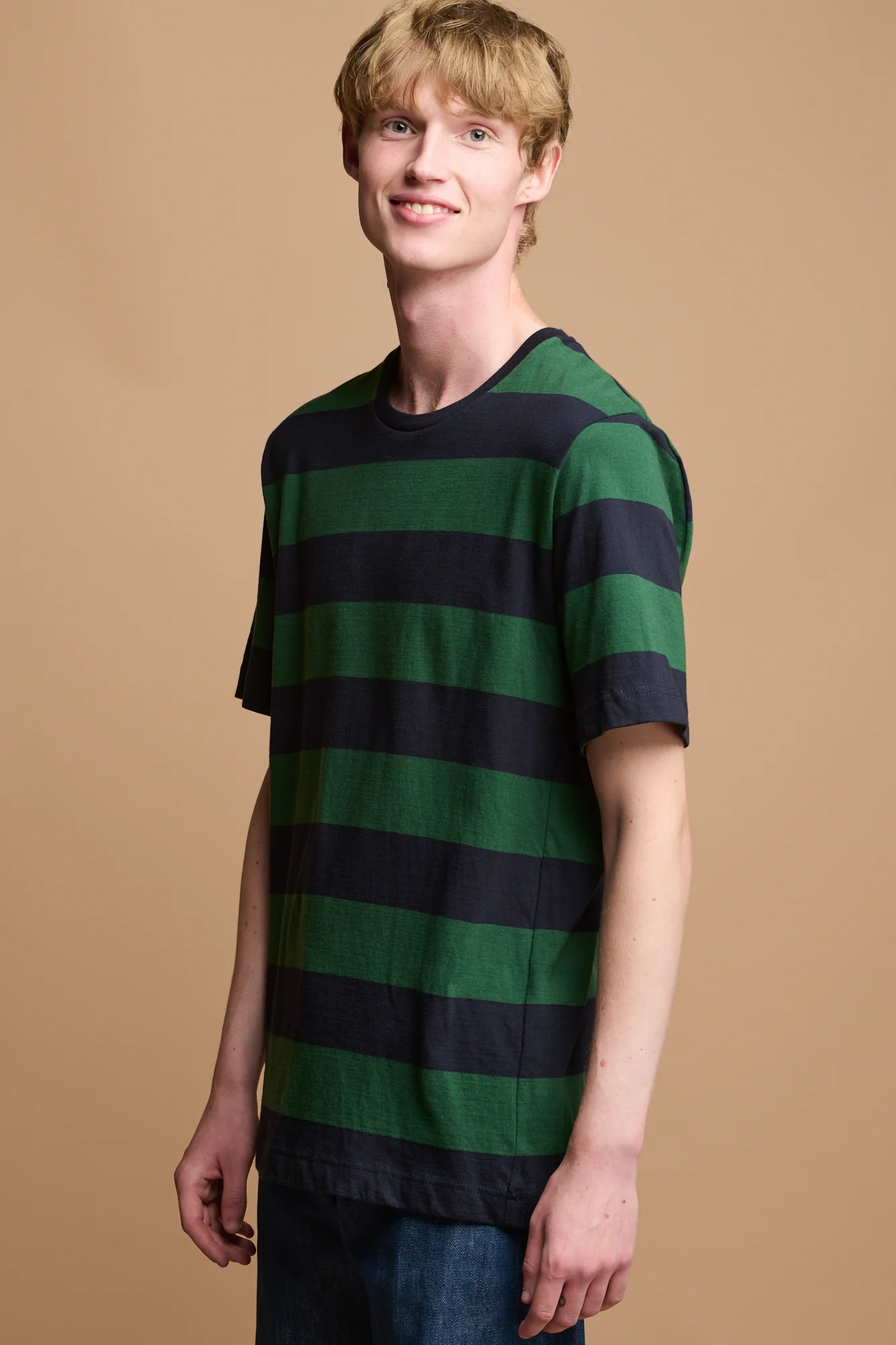Men's Wide Stripe Short Sleeve T Shirt - Green/Navy - Image 3