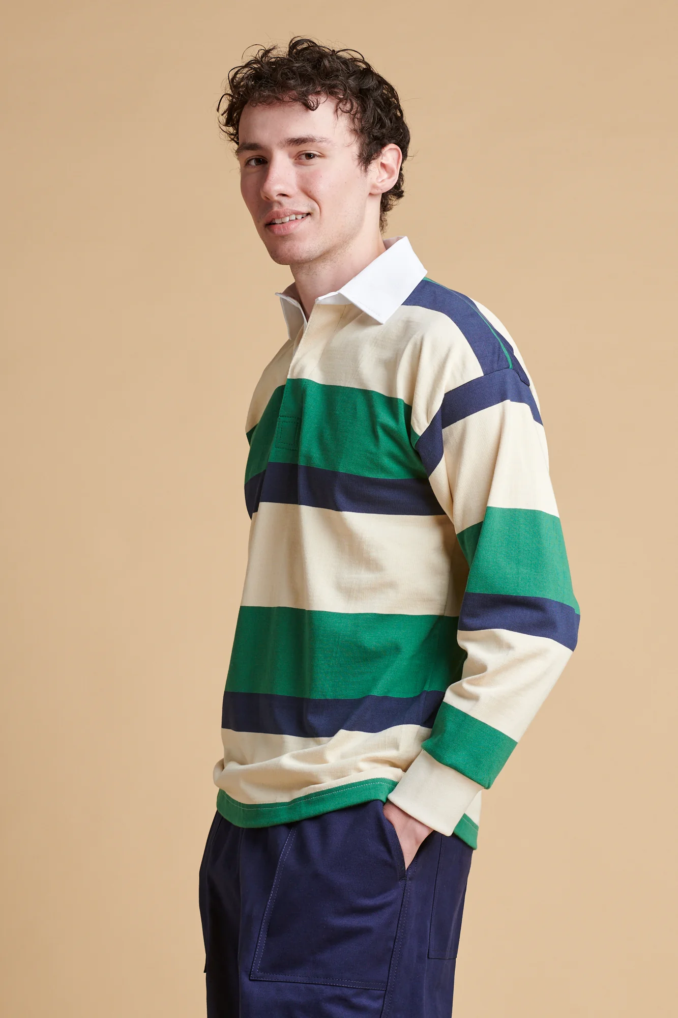 Striped Rugby Shirt - Ecru/Navy/Bottle - Image 3