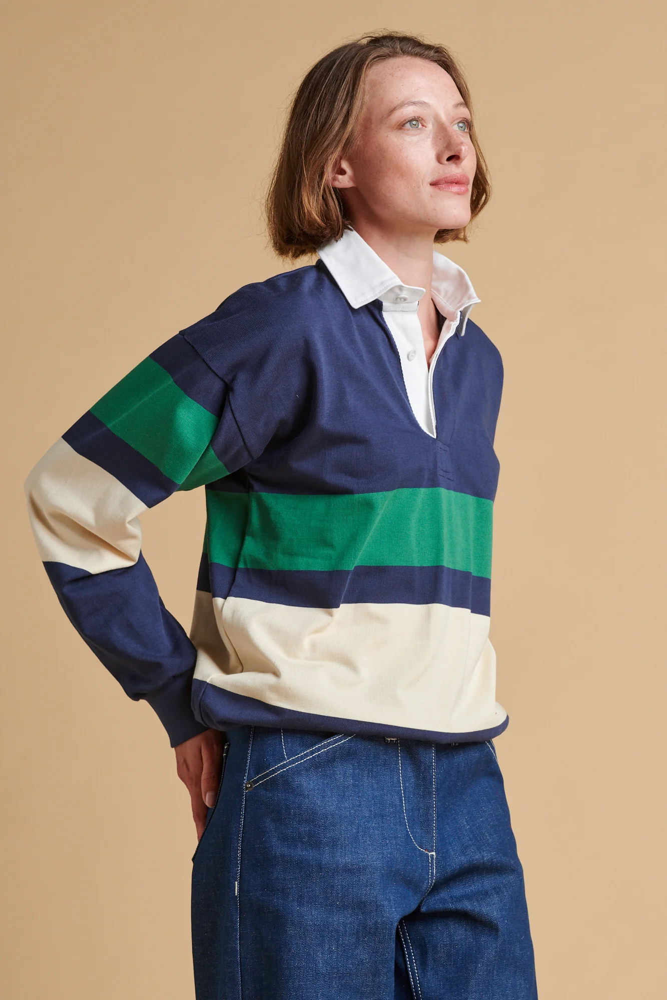 Chest Striped Rugby Shirt - Navy/Ecru/Bottle Green - Image 4