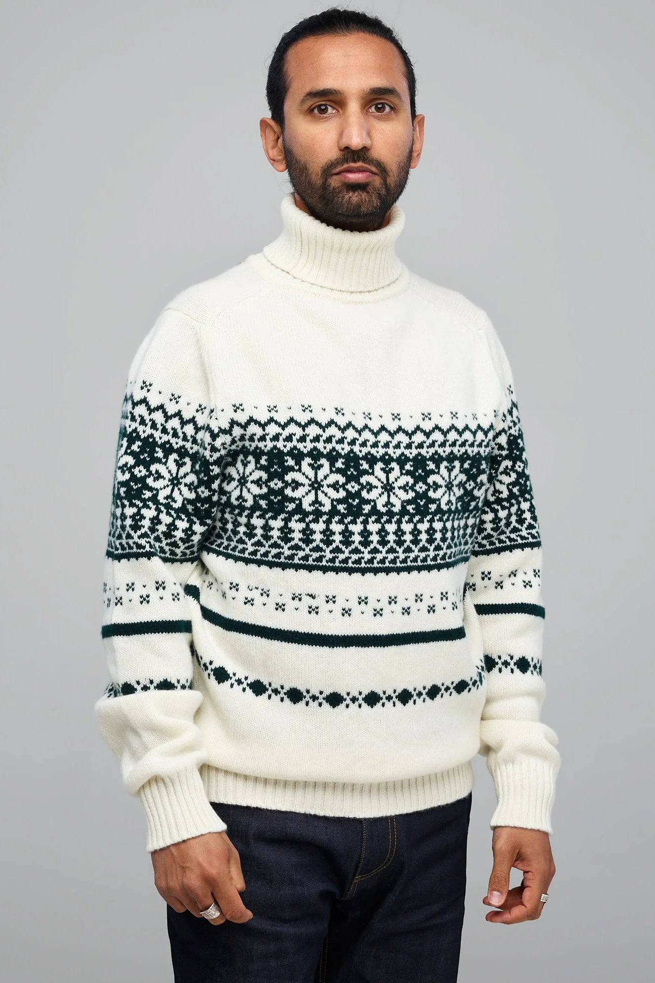 Unisex Fair Isle Pattern Roll Neck - Ecru and Bottle