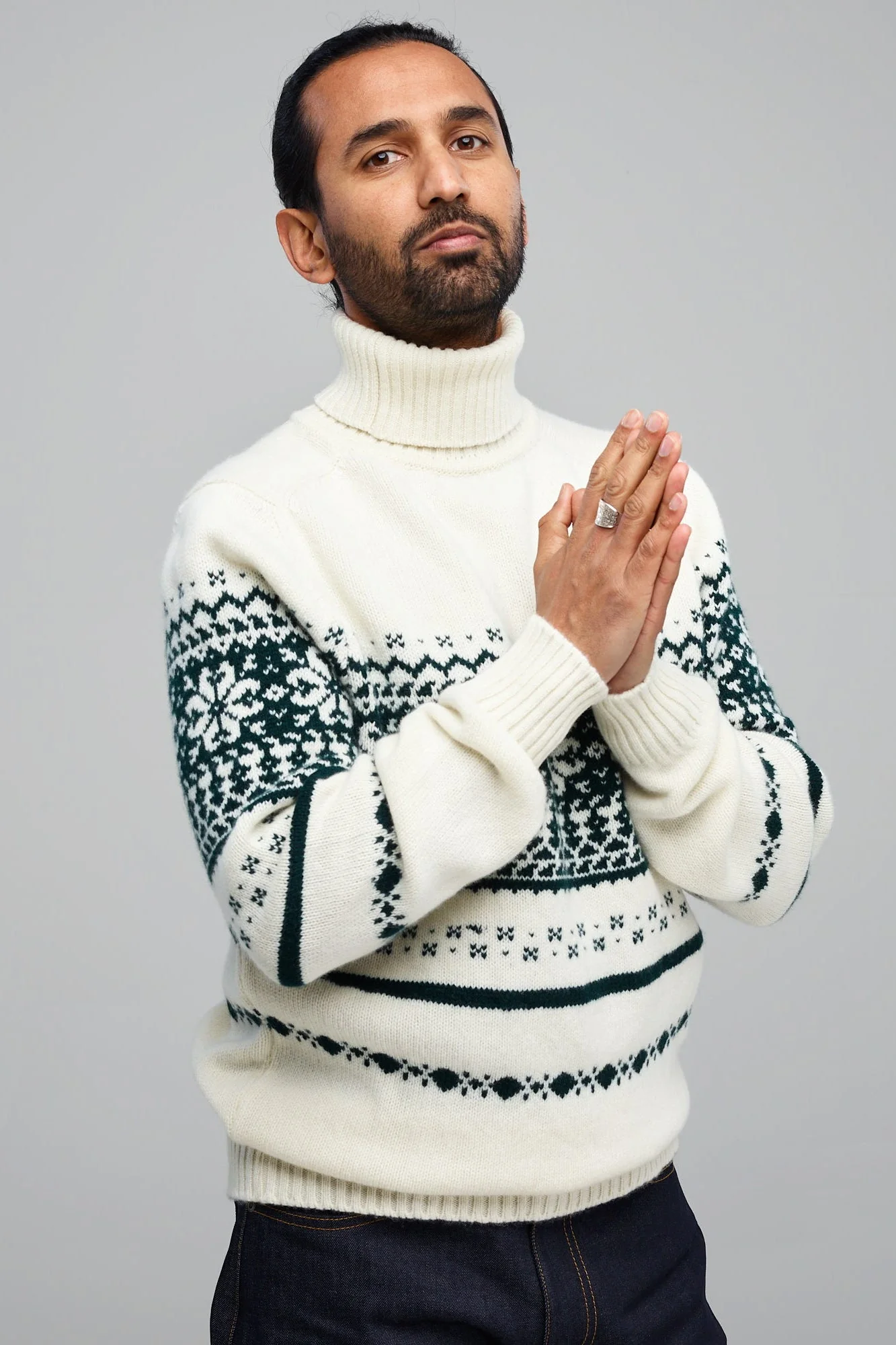 Unisex Fair Isle Pattern Roll Neck - Ecru and Bottle - Image 2