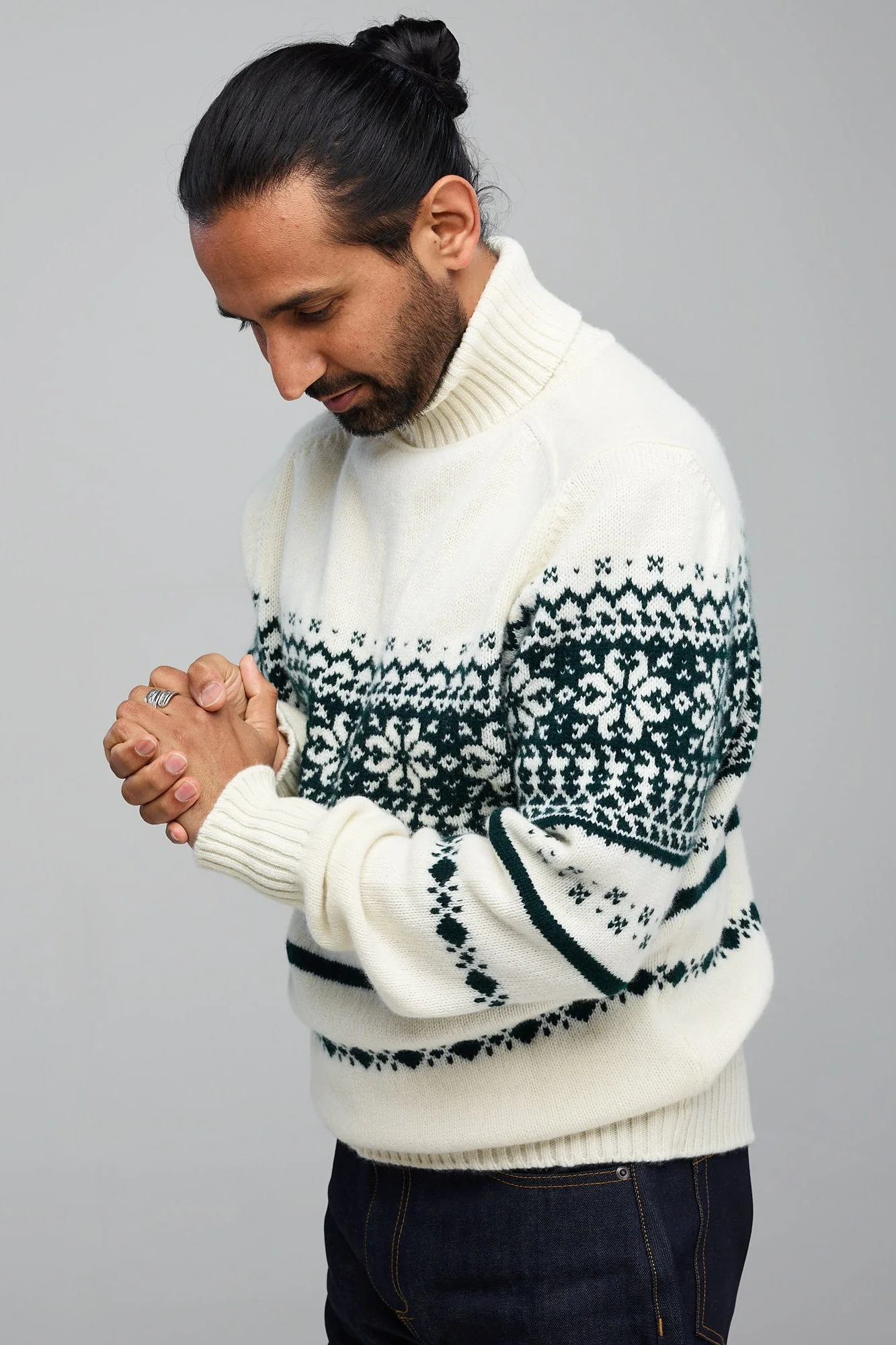 Unisex Fair Isle Pattern Roll Neck - Ecru and Bottle - Image 3