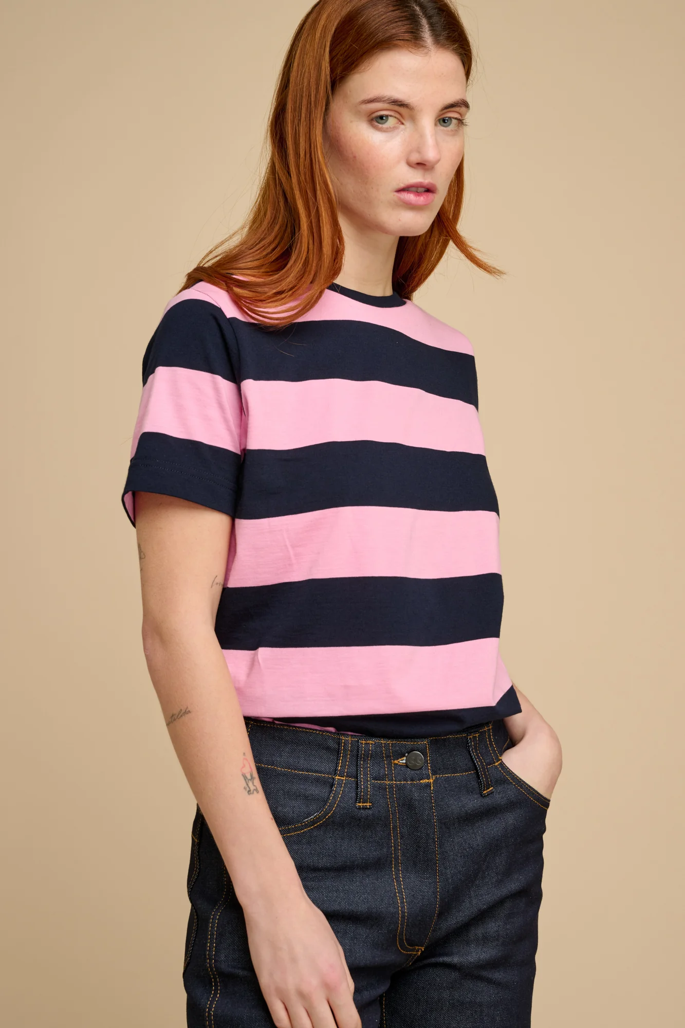 Wide Stripe Short Sleeve T Shirt- Navy/ Pink - Image 3