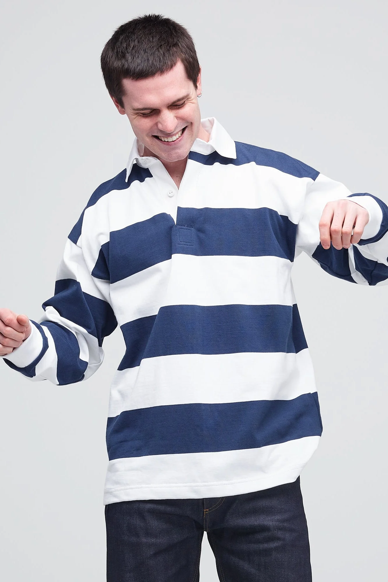 Wide Striped Rugby Shirt - Navy/White - Image 4