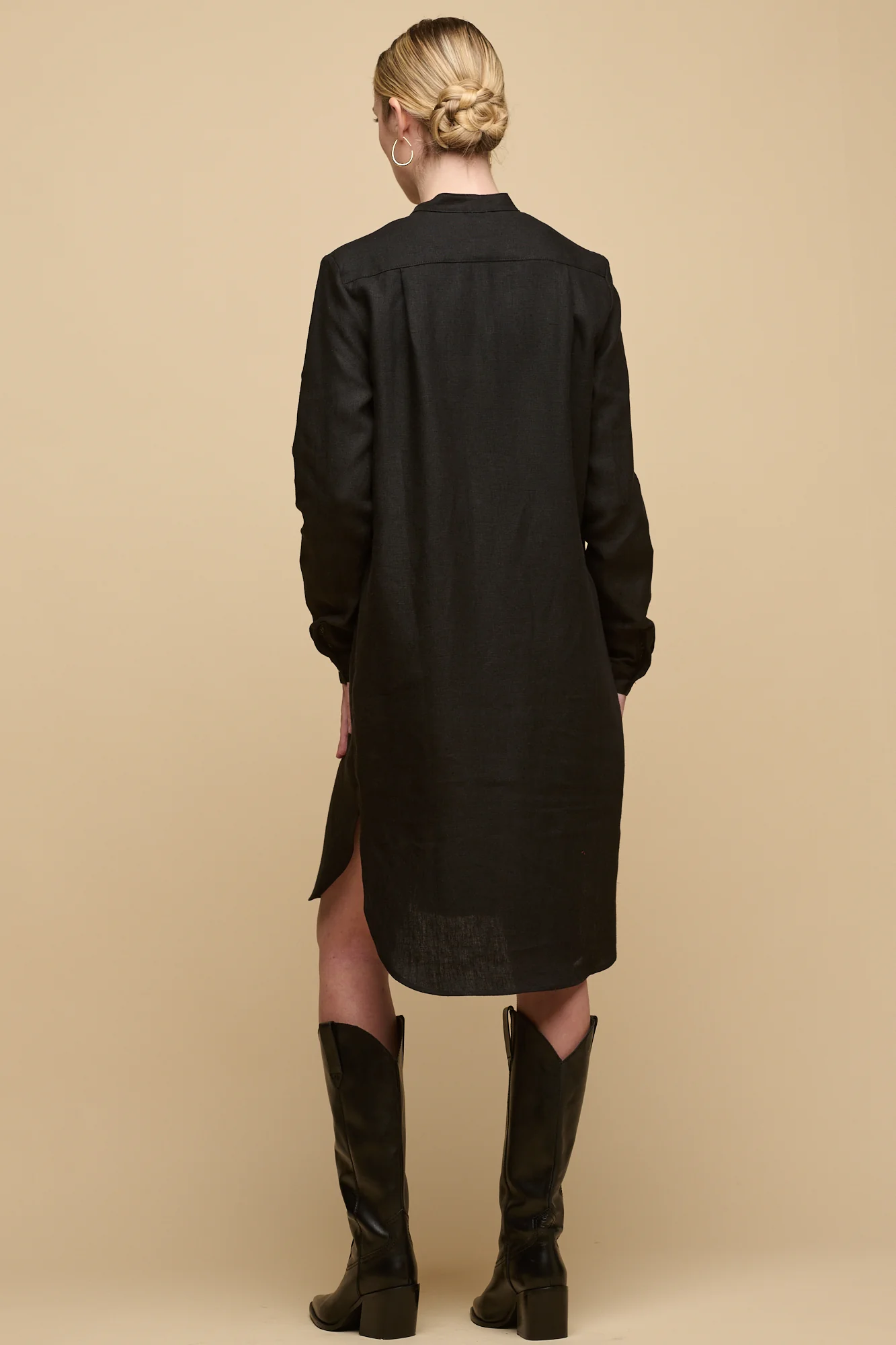 Women's Collarless Shirt Dress - Black Linen - Image 3