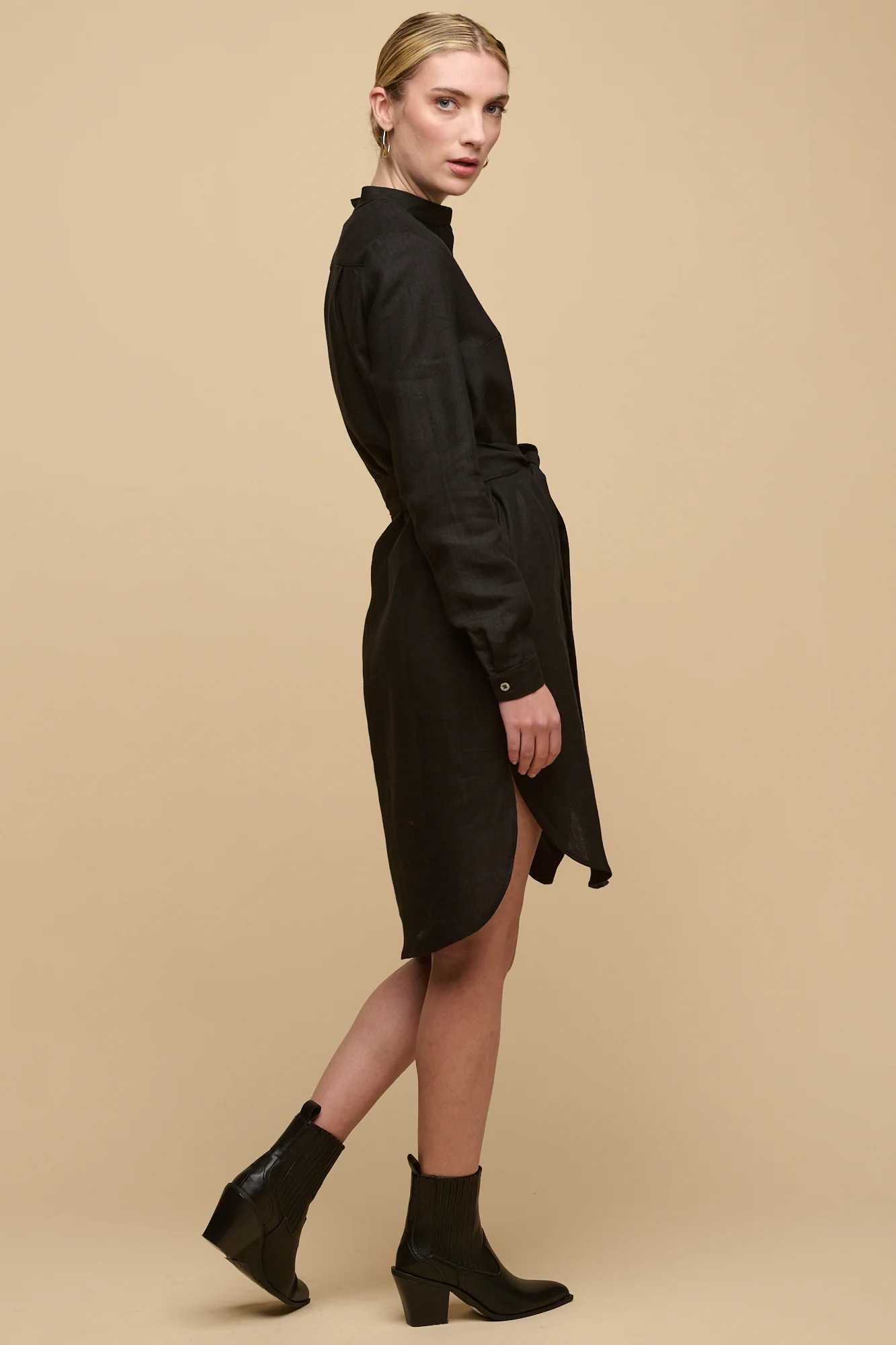 Women's Collarless Shirt Dress - Black Linen - Image 4