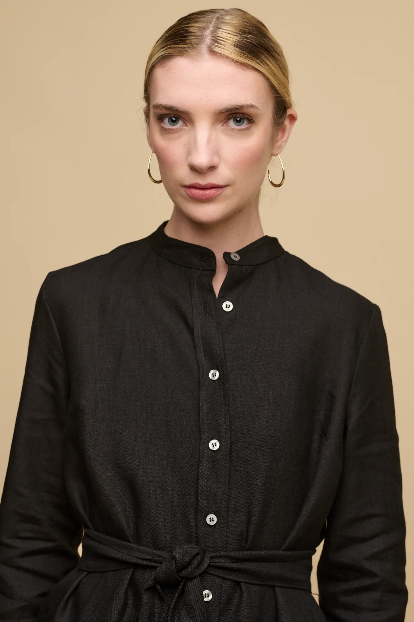 Women's Collarless Shirt Dress - Black Linen - Image 5