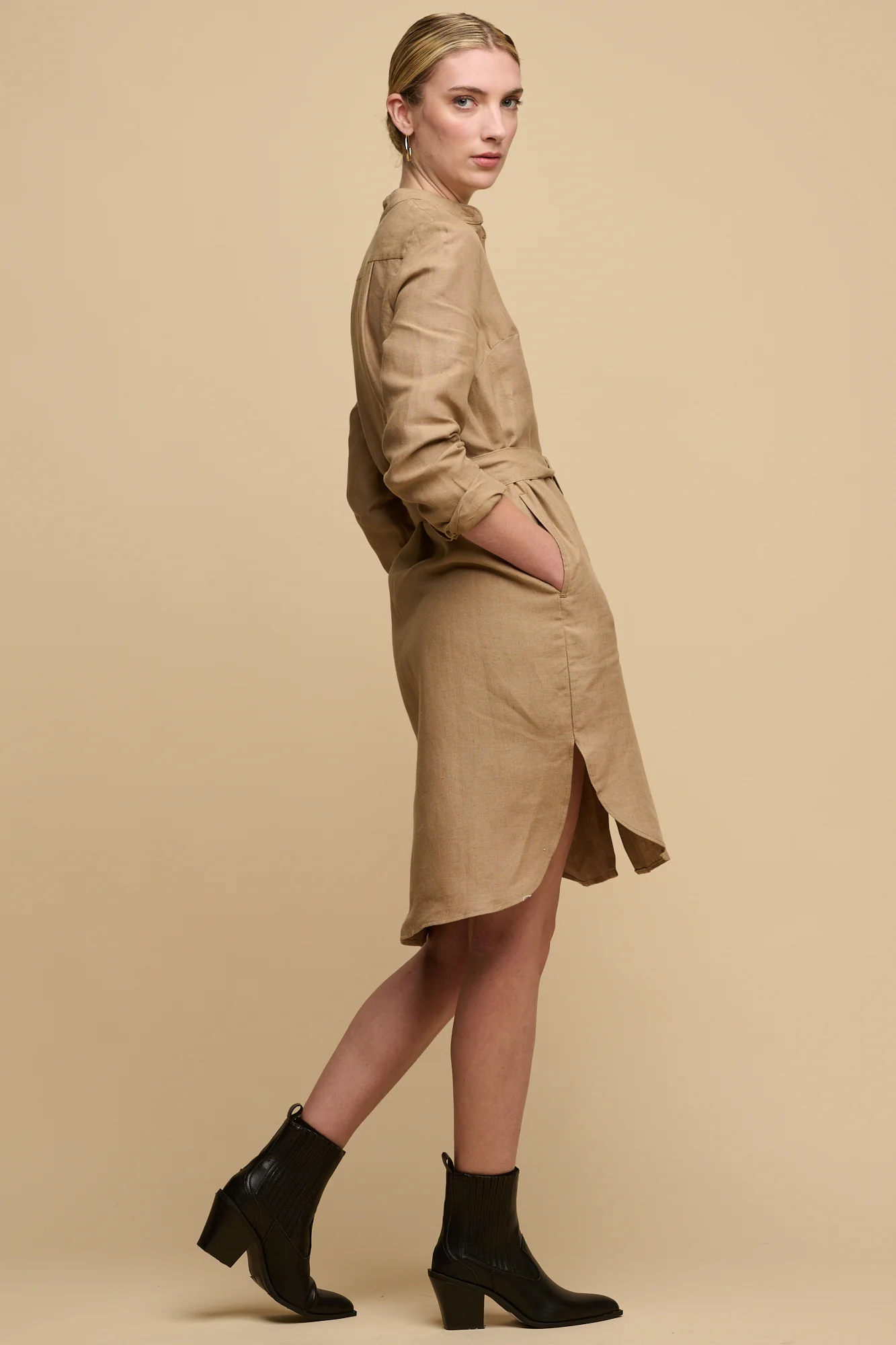Women's Collarless Shirt Dress - Truffle Linen - Image 3