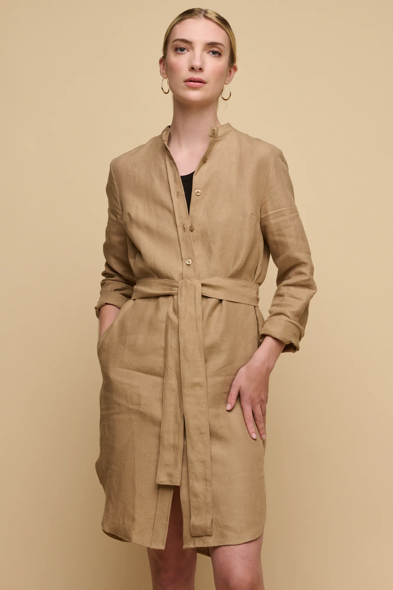 Women's Collarless Shirt Dress - Truffle Linen - Image 4
