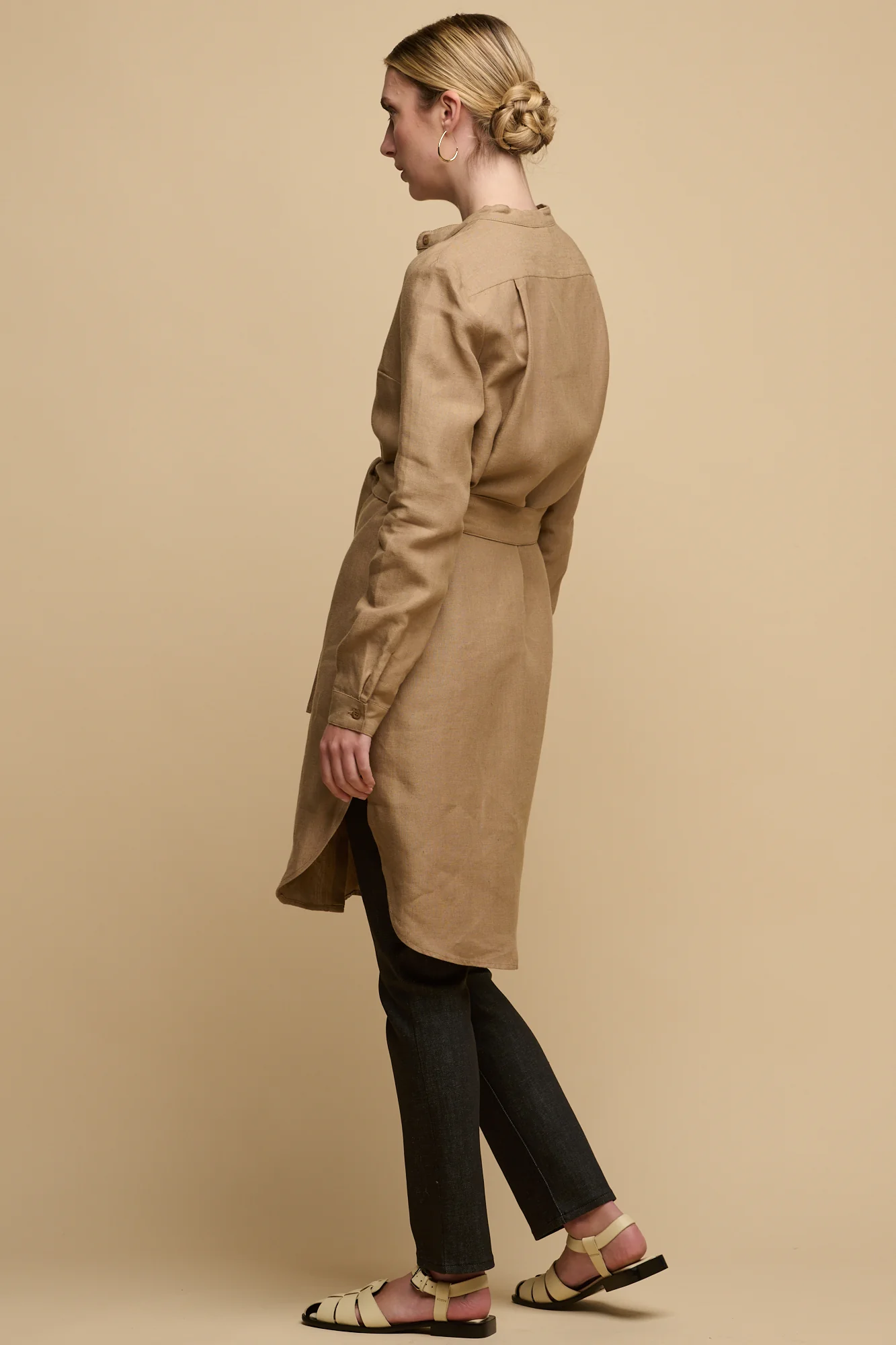 Women's Collarless Shirt Dress - Truffle Linen - Image 5