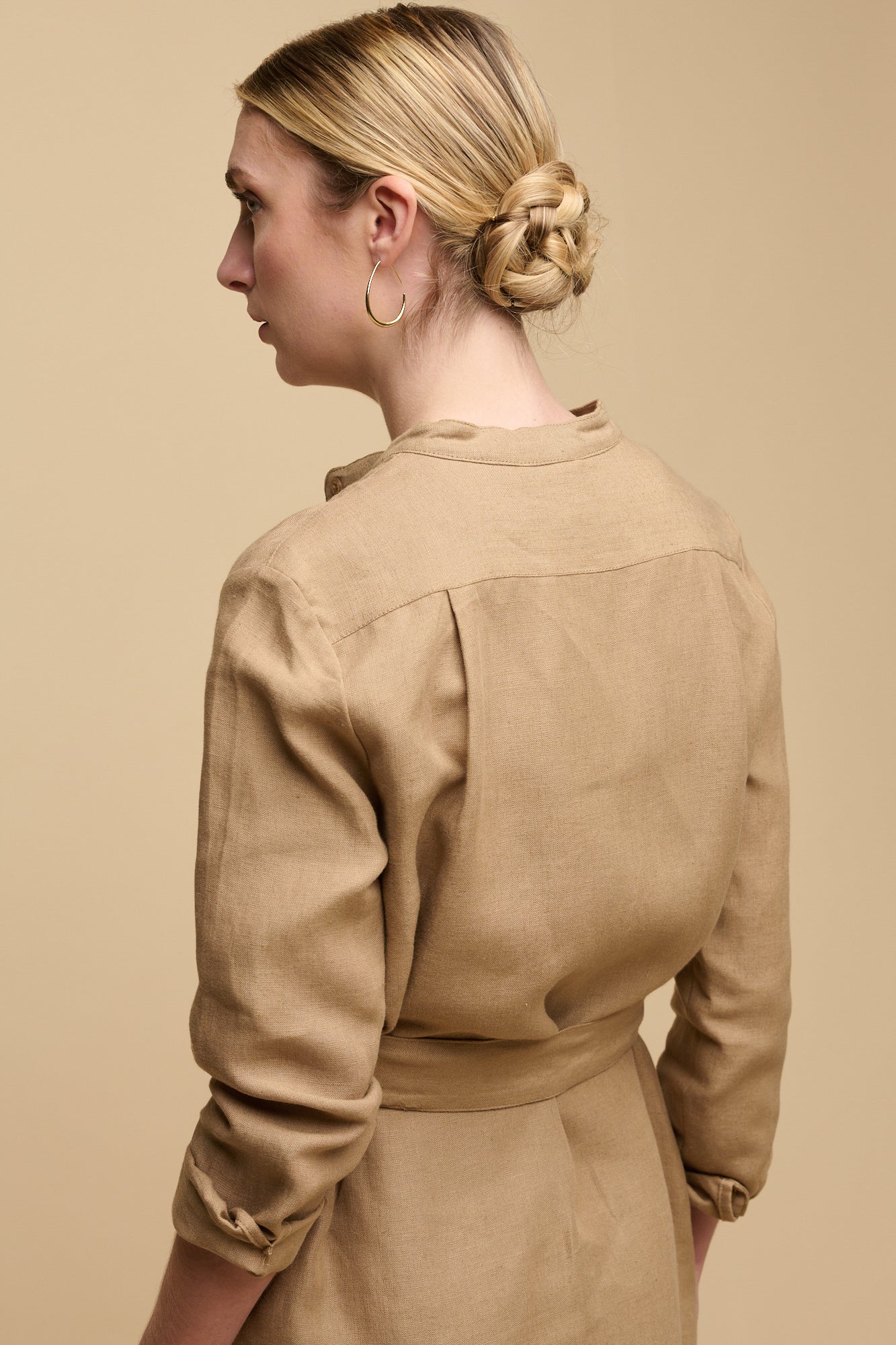 Women's Collarless Shirt Dress - Truffle Linen - Image 6