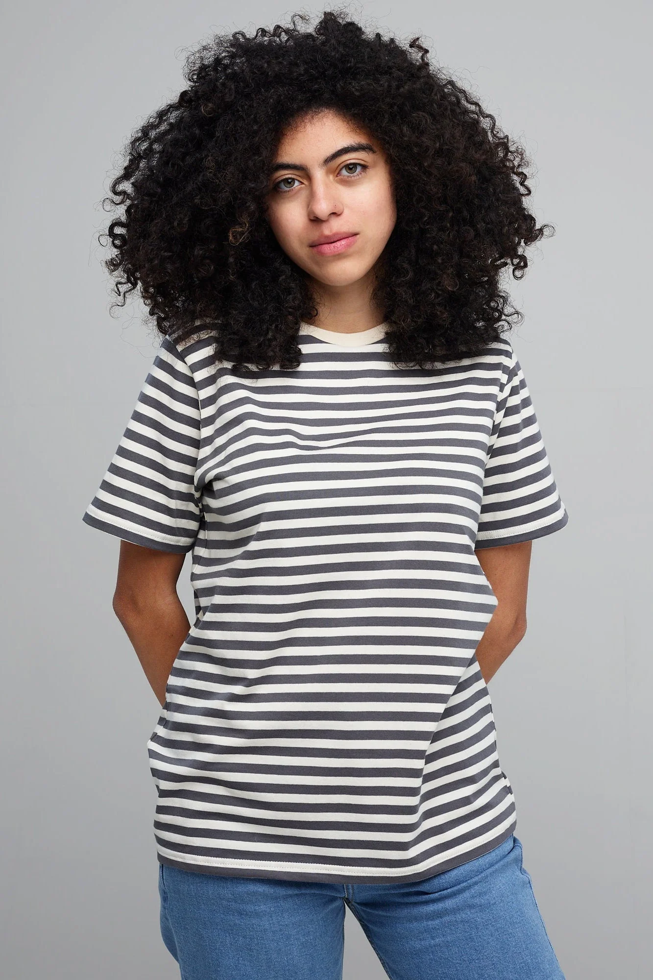 Women's Short Sleeve Striped T Shirt - Grey/Ecru - Image 2