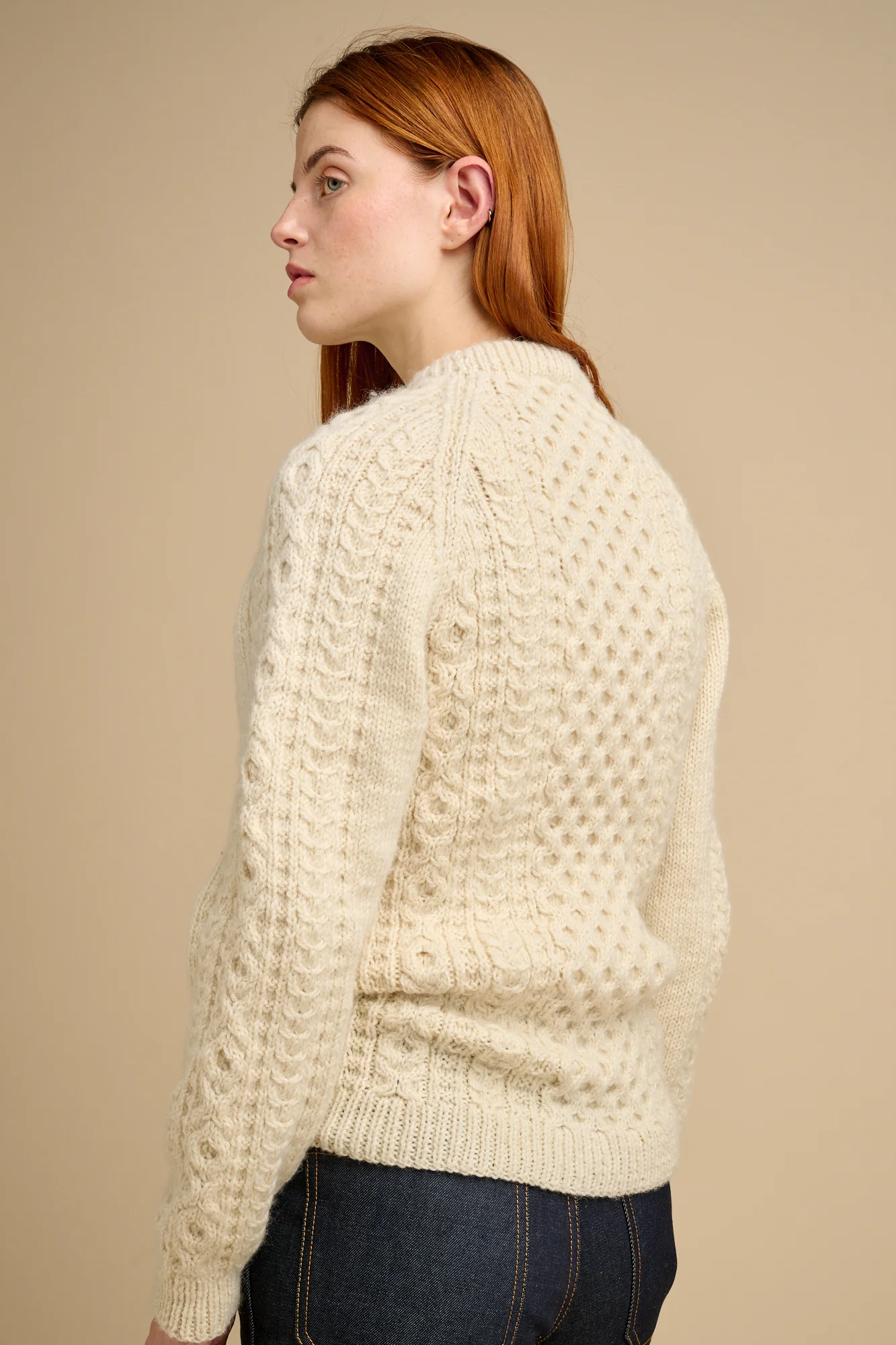 Womens Hand Knit Aran Sweater - Ecru - Image 2