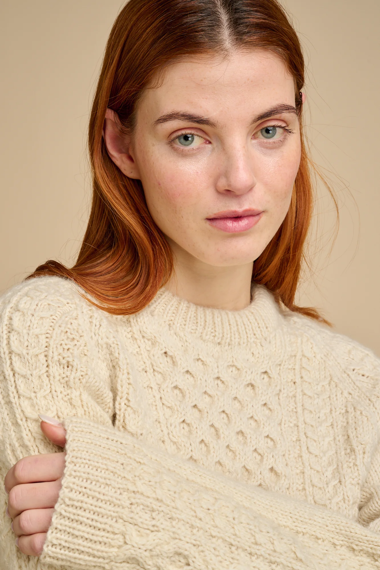 Womens Hand Knit Aran Sweater - Ecru - Image 3