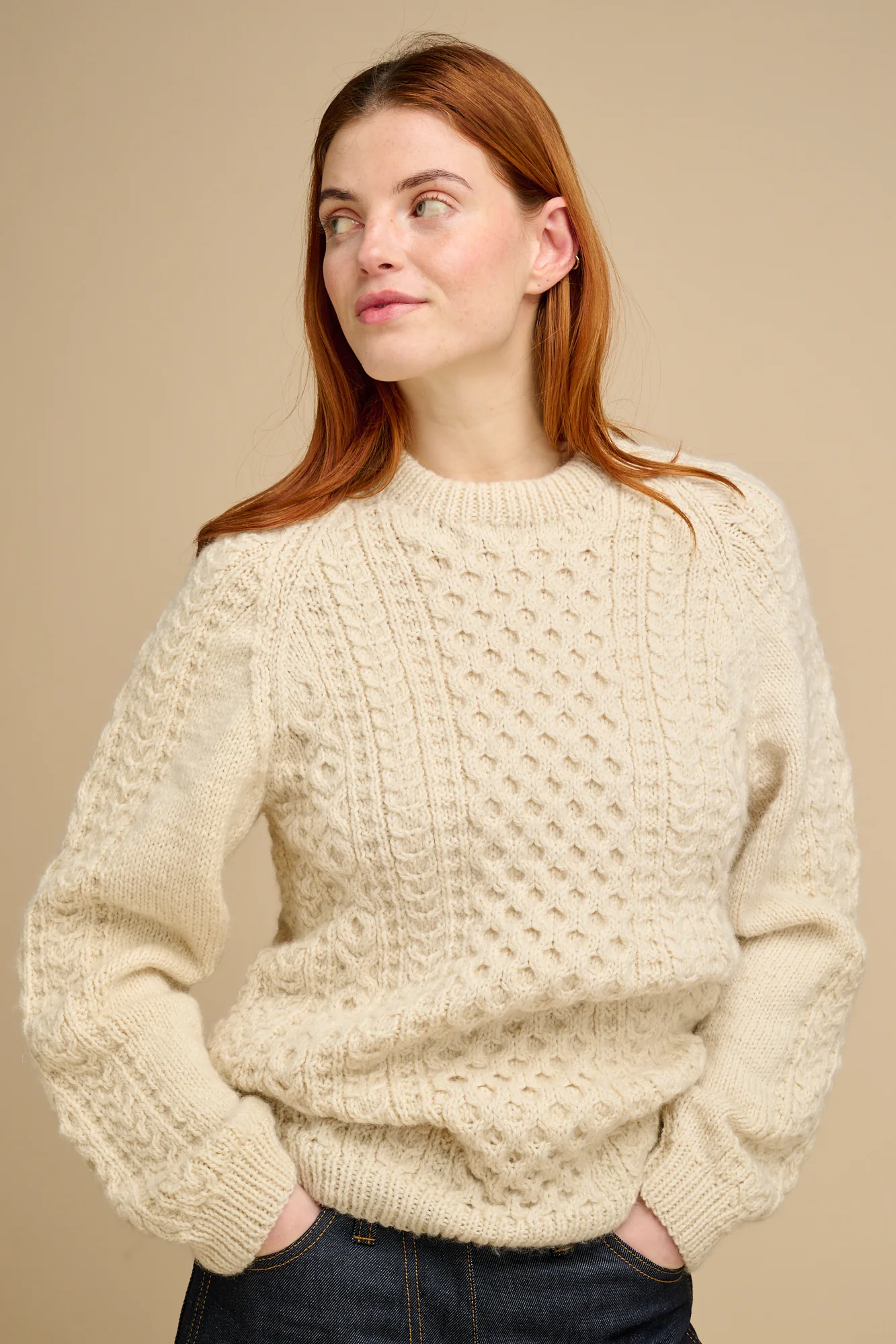 Womens Hand Knit Aran Sweater - Ecru - Image 4