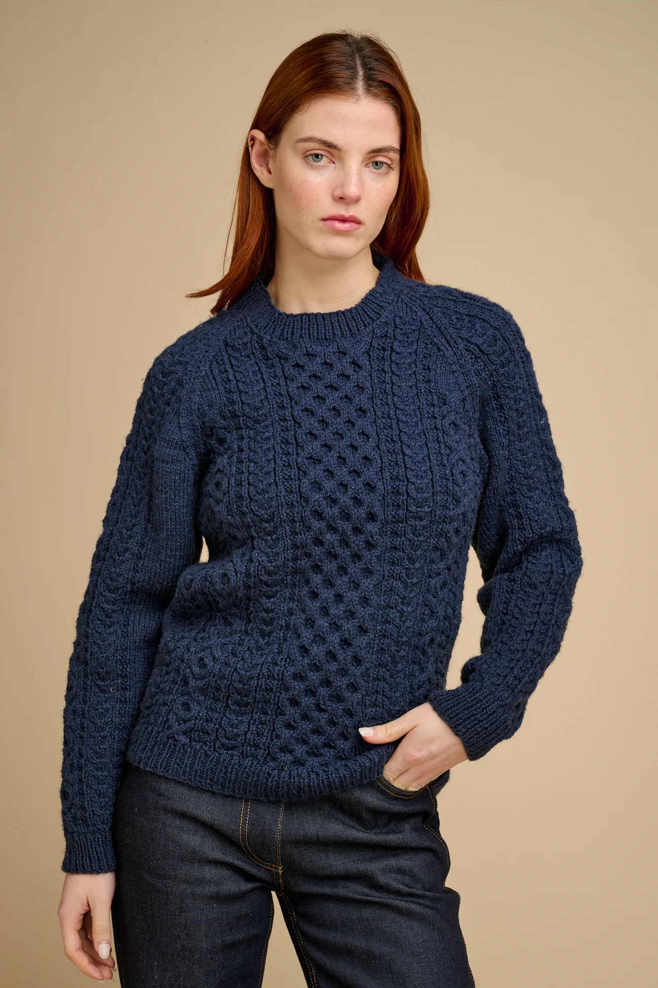 Womens Hand Knit Aran Sweater - Navy