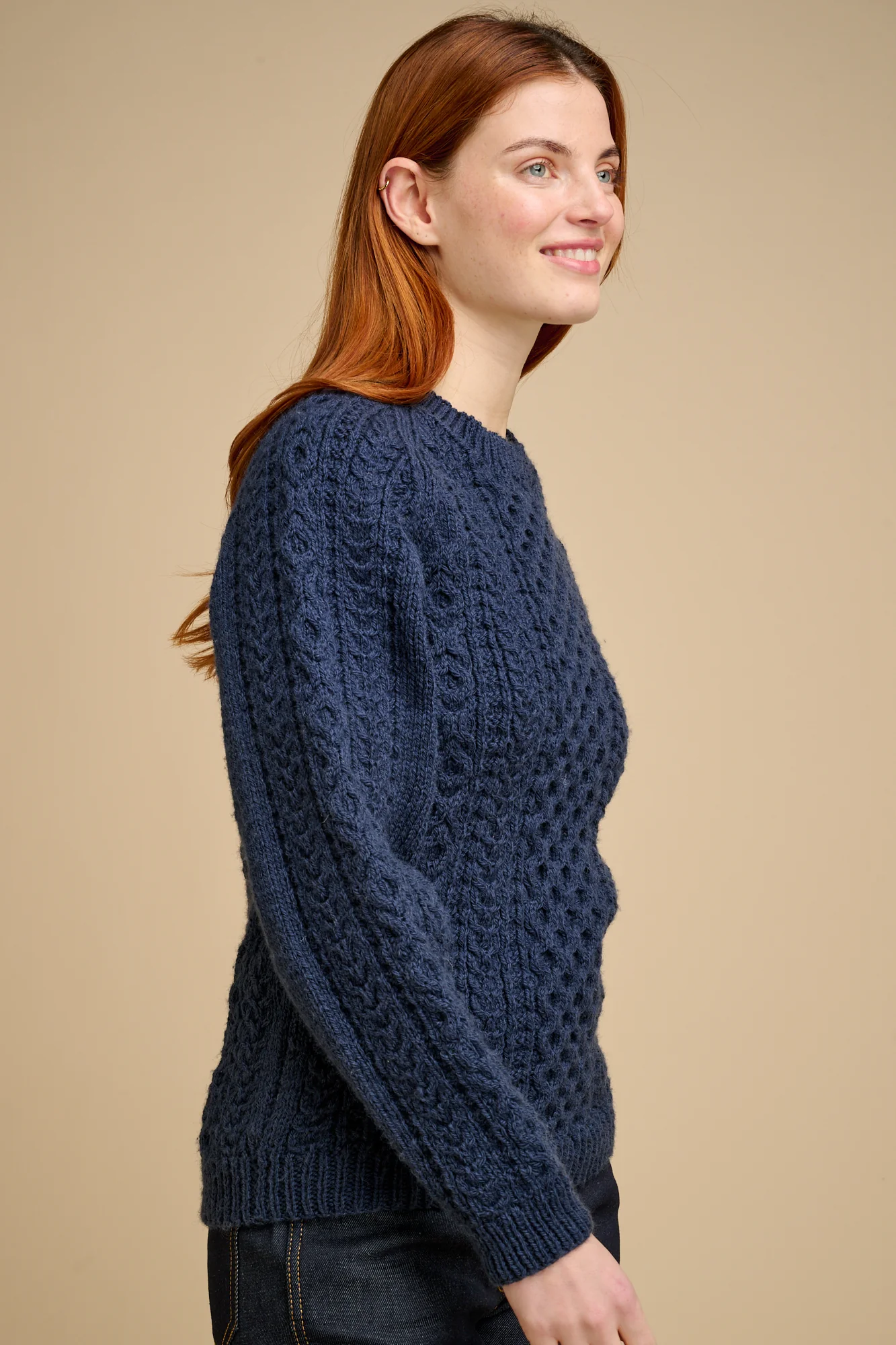 Womens Hand Knit Aran Sweater - Navy - Image 2