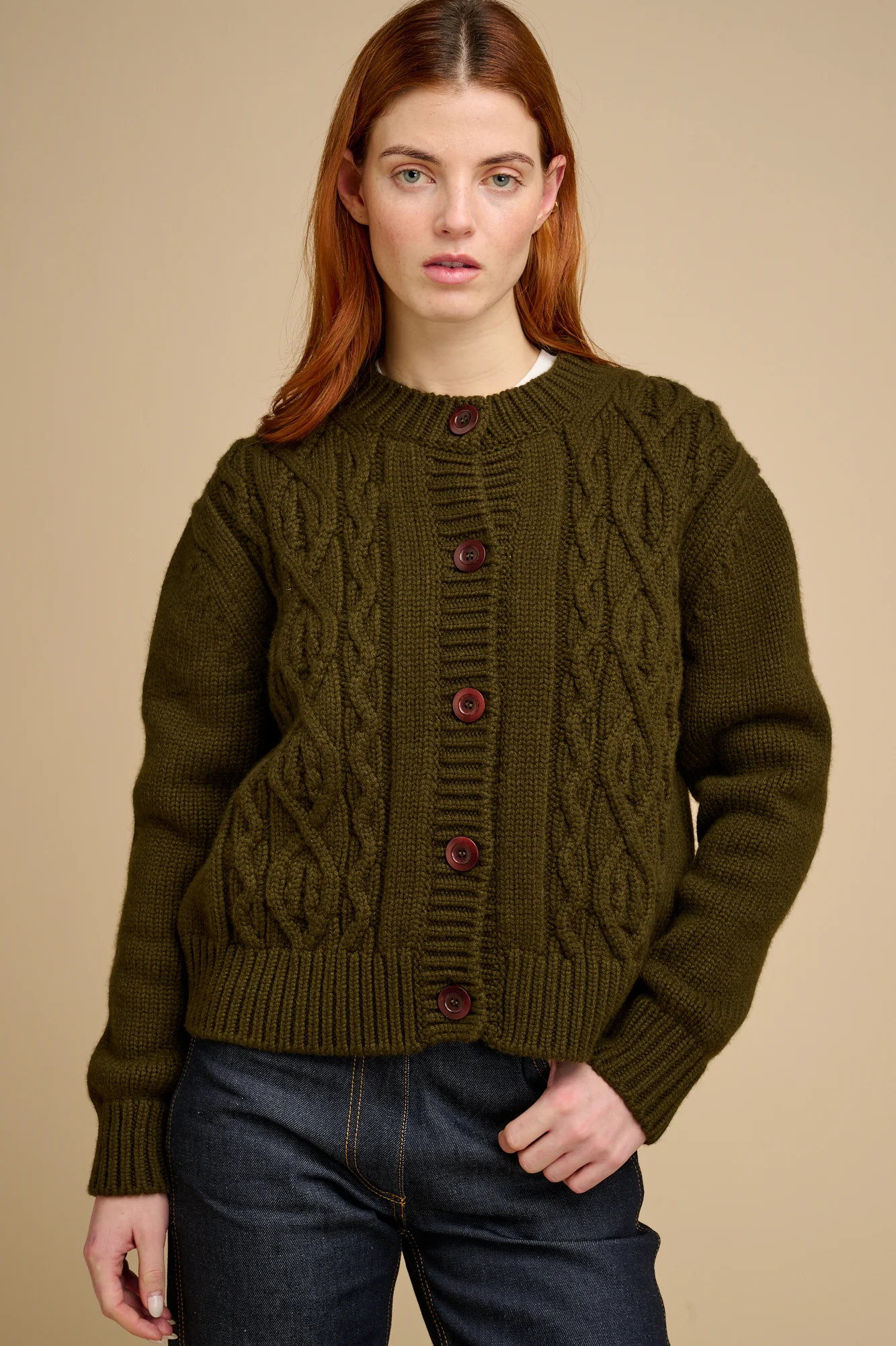 Women's Heavy Cable Cardigan Dark Olive - Image 2