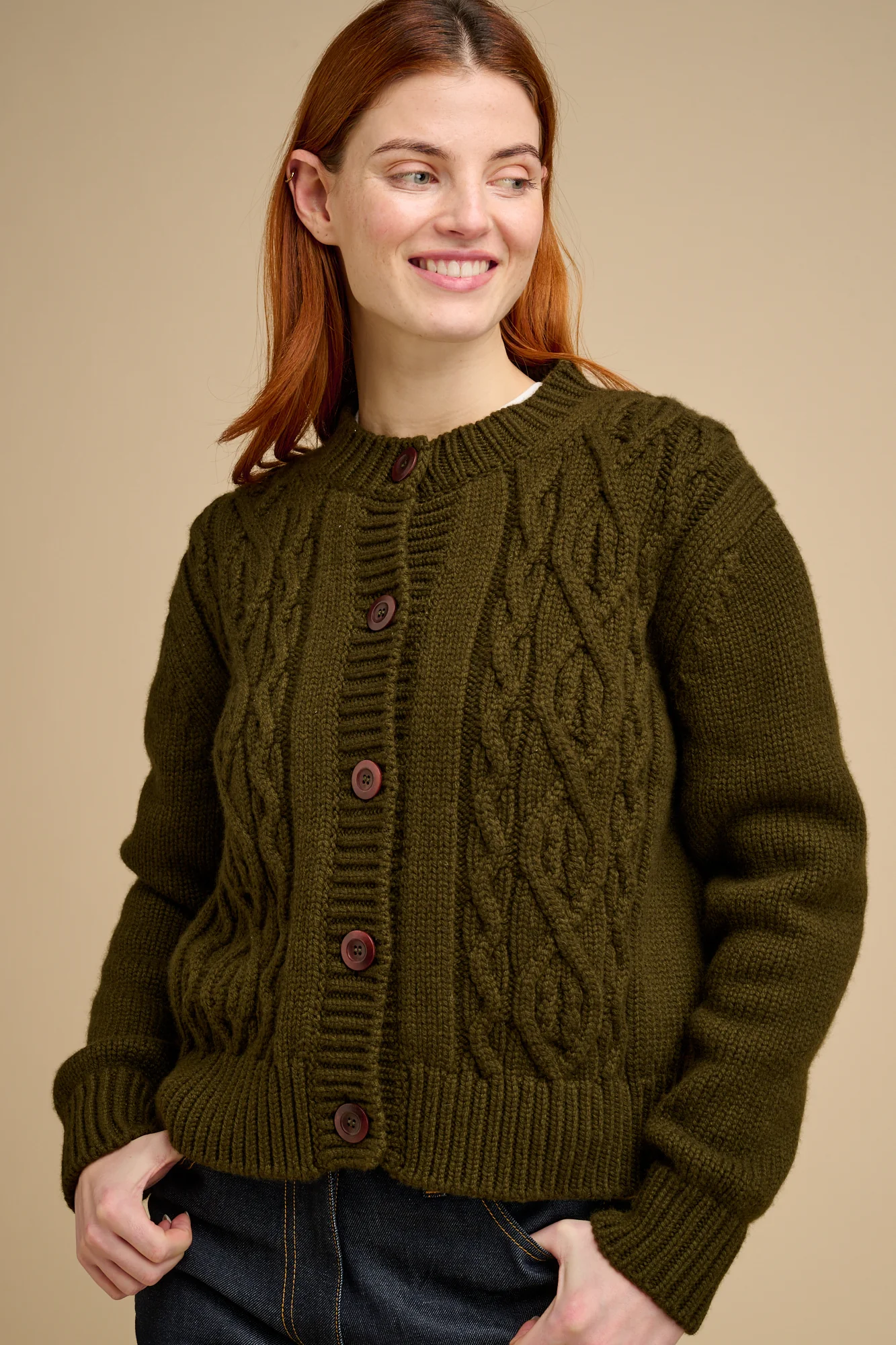 Women's Heavy Cable Cardigan Dark Olive - Image 4